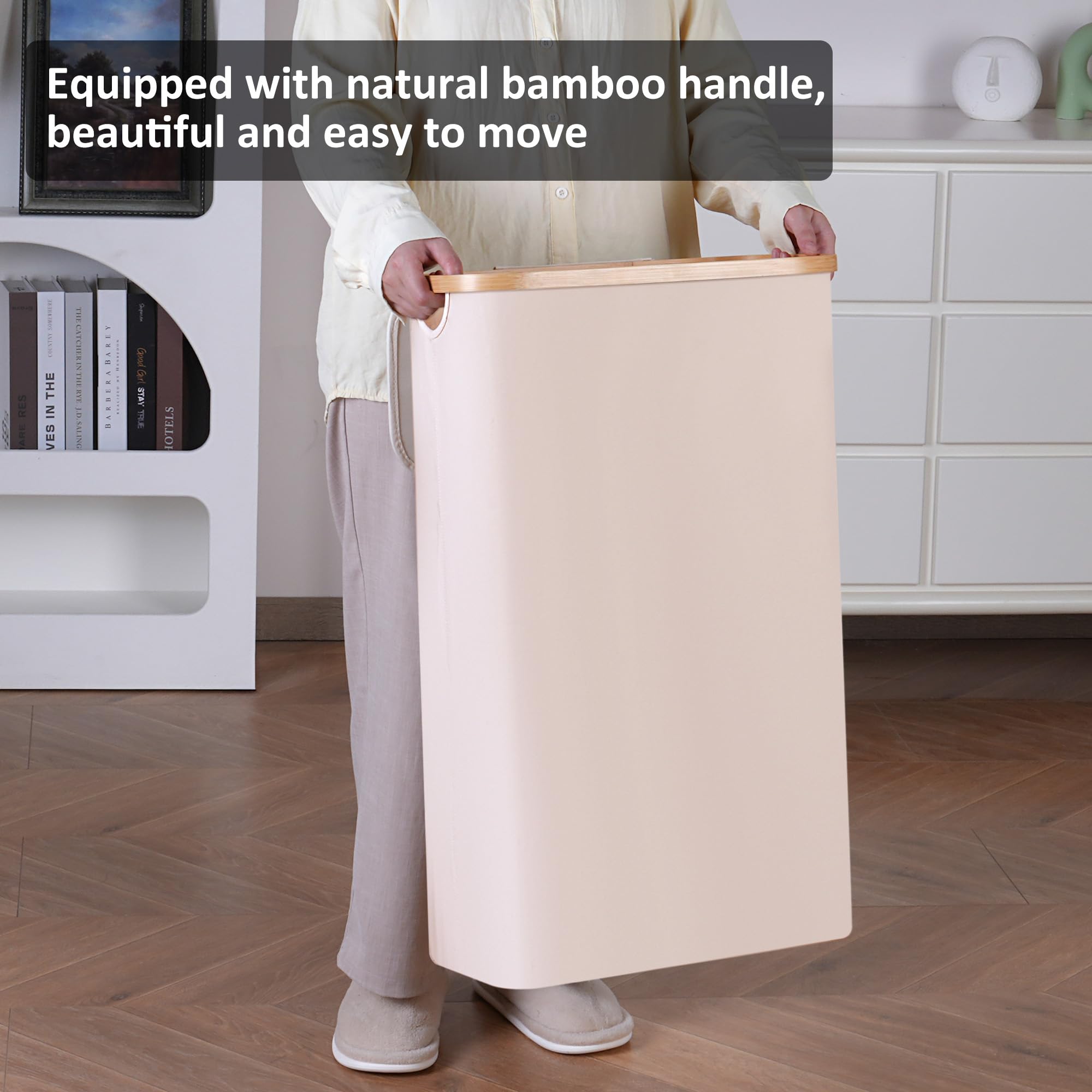 Merkisa Slim Laundry Basket,Tall laundry Hamper with Lid,60L Hamper for Laundry,Dirty Cloth Hamper with Bamboo Handle for Toys,Towels, Clothes Organizing,Beige