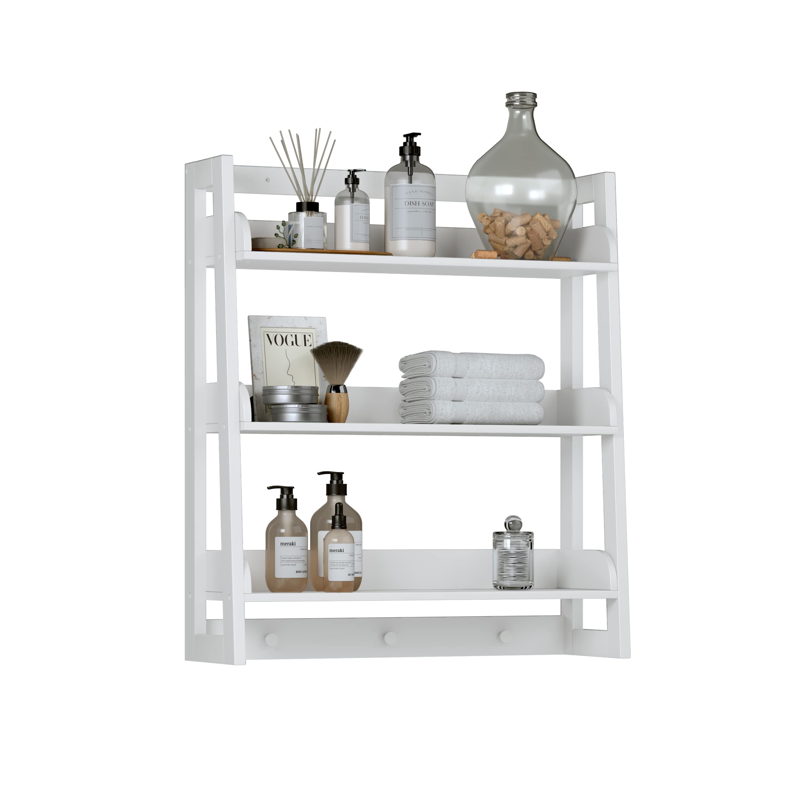 UTEX Bathroom Wall Shelf, Over Toilet Storage Shelf Organizer, 3-Tier Wall Mount Shelf Rack with Hook, White