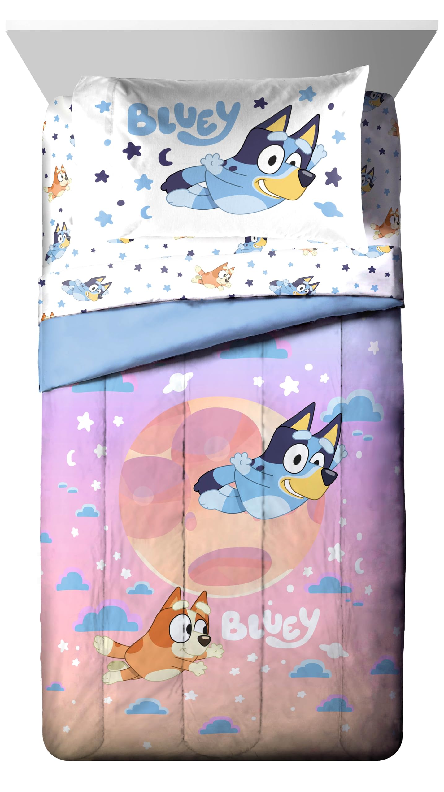 Bluey & Bingo Twin Comforter Set - 5 Piece Bed Set Includes Sheet Set & Pillow Covers - Super Soft Clouds & Stars Kids Bedding