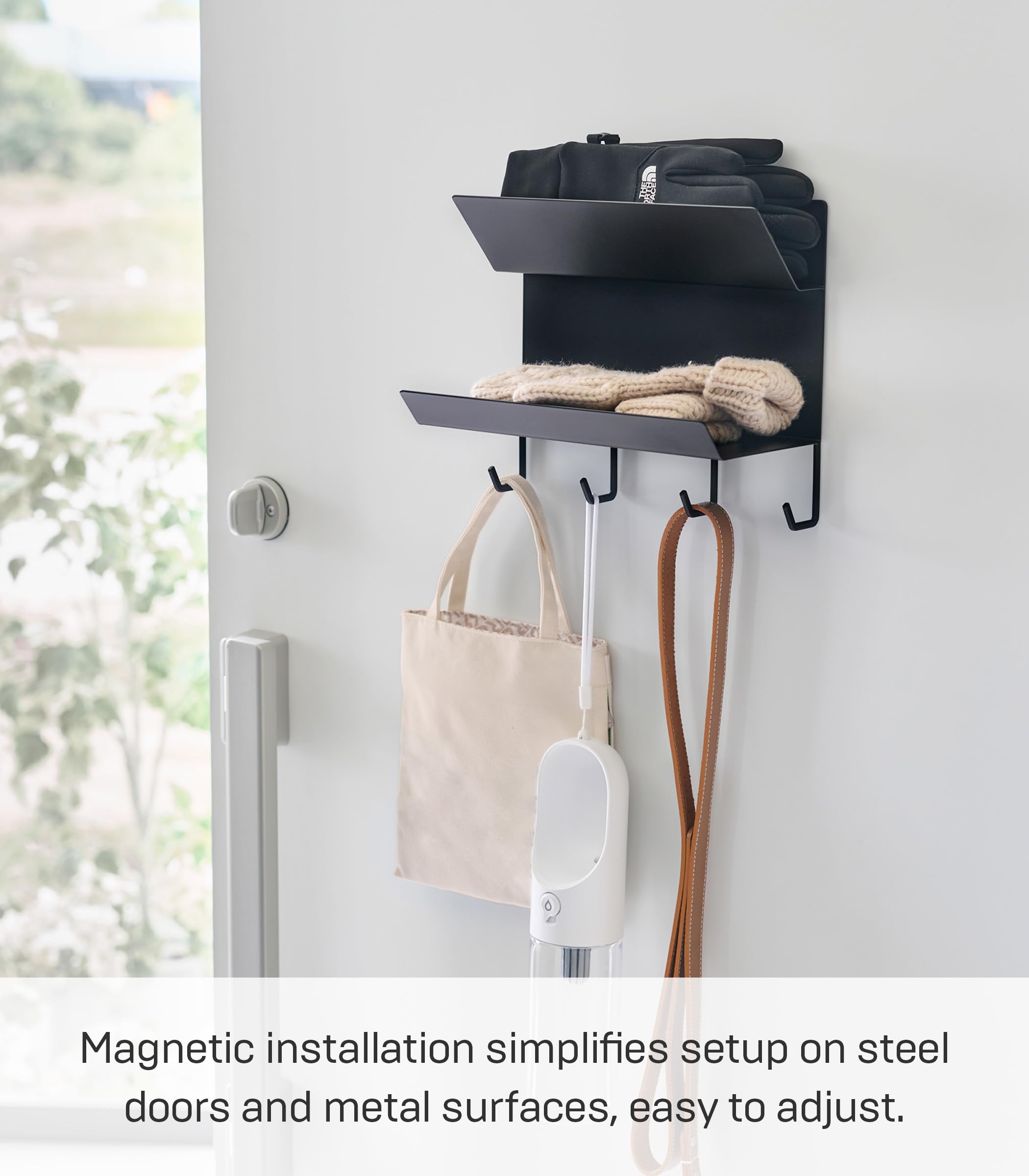 Yamazaki Home Tower Magnetic 2-Tier Entryway Organizer - Storage for Gloves and Hats with Hooks for Keys and Bags - Steel