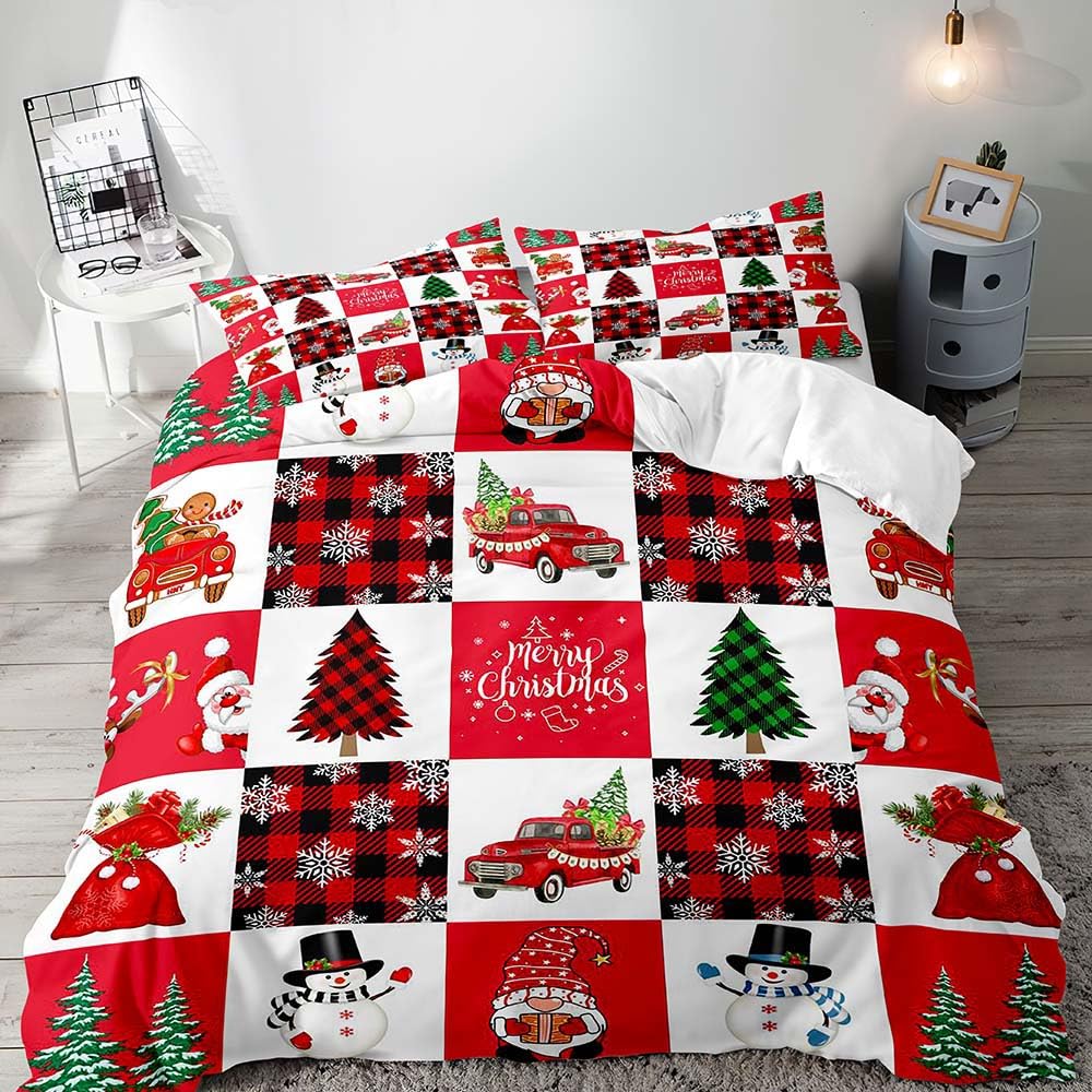 LUVIVIHOME 3PCS Christmas Duvet Cover King Bedding Set, Santa Claus Snowman Gnome Snowflake Christmas Tree Holiday New Year Xmas Checkered White Red Buffalo Plaid Comforter Quilt Cover, 2 Pillow Cases