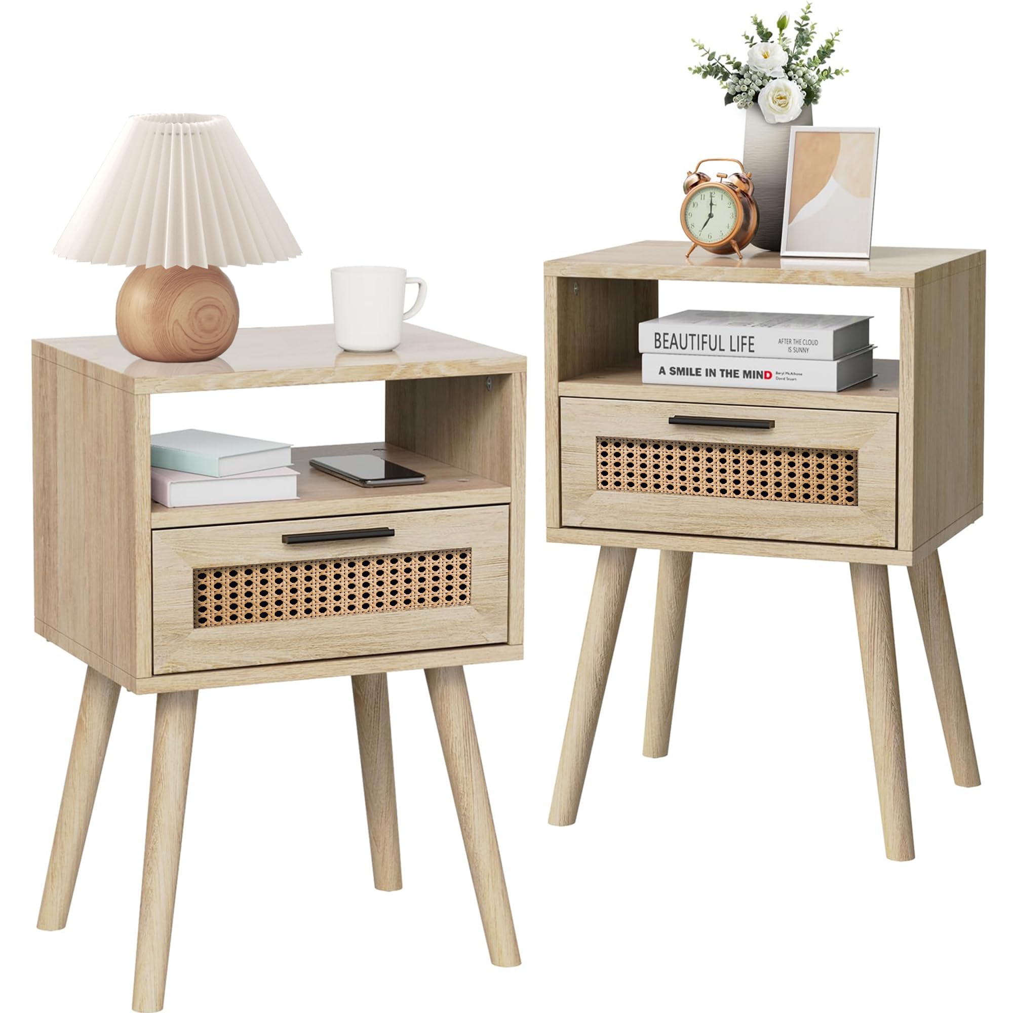 AmzYuga Nightstands Set of 2, Rattan Night Stand, Boho Nightstand with Drawer Open Storage, Modern Bed Side Table with Solid Wood Feet for Bedroom