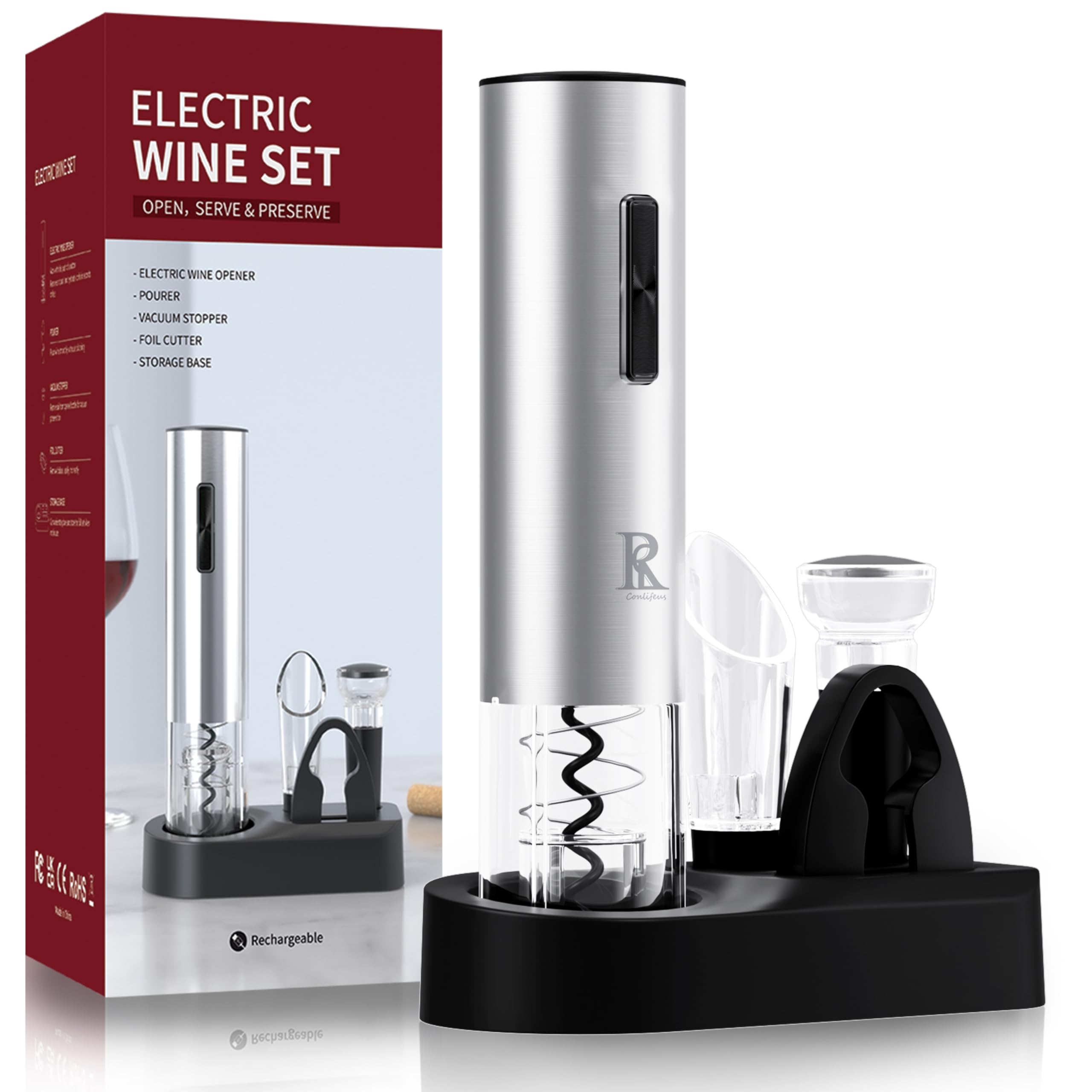 R Conlifeus Electric Wine Opener Rechargeable, One-touch Automatic Wine Bottle Corkscrew Opener (Stainless Steel) Set，Ideal Wine Accessories and Wine Gift Sets