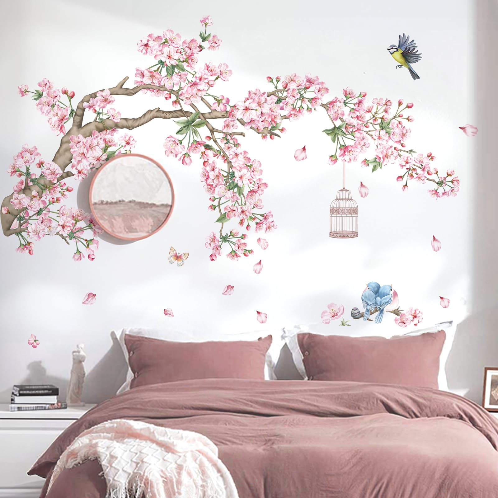 decalmile Cherry Blossom Tree Branch Wall Decals Pink Flower Birds Wall Stickers Bedroom Living Room Sofa TV Background Wall Decor