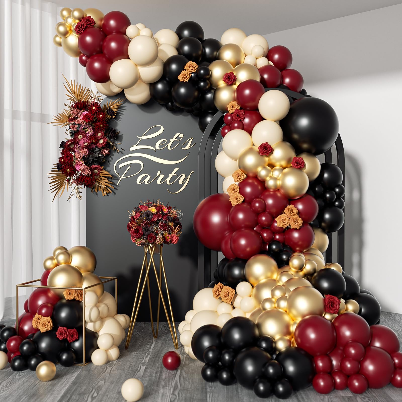 155pcs Burgundy Balloon Garland Arch Kit with Burgundy Maroon Black Metallic Gold Lvory white Balloons for Birthday Graduation Wedding Baby Shower Anniversary Valentine Party Decoration