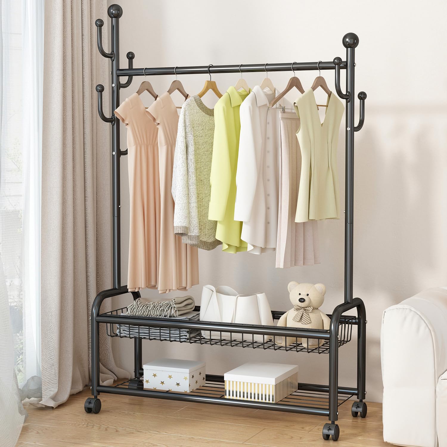 GAMNOF Black Clothes Rack with Wheels, Black Clothing Rack for Hanging Clothes, Black Garment Rack with Storage Shelf, Freestanding Rolling Clothes Rack