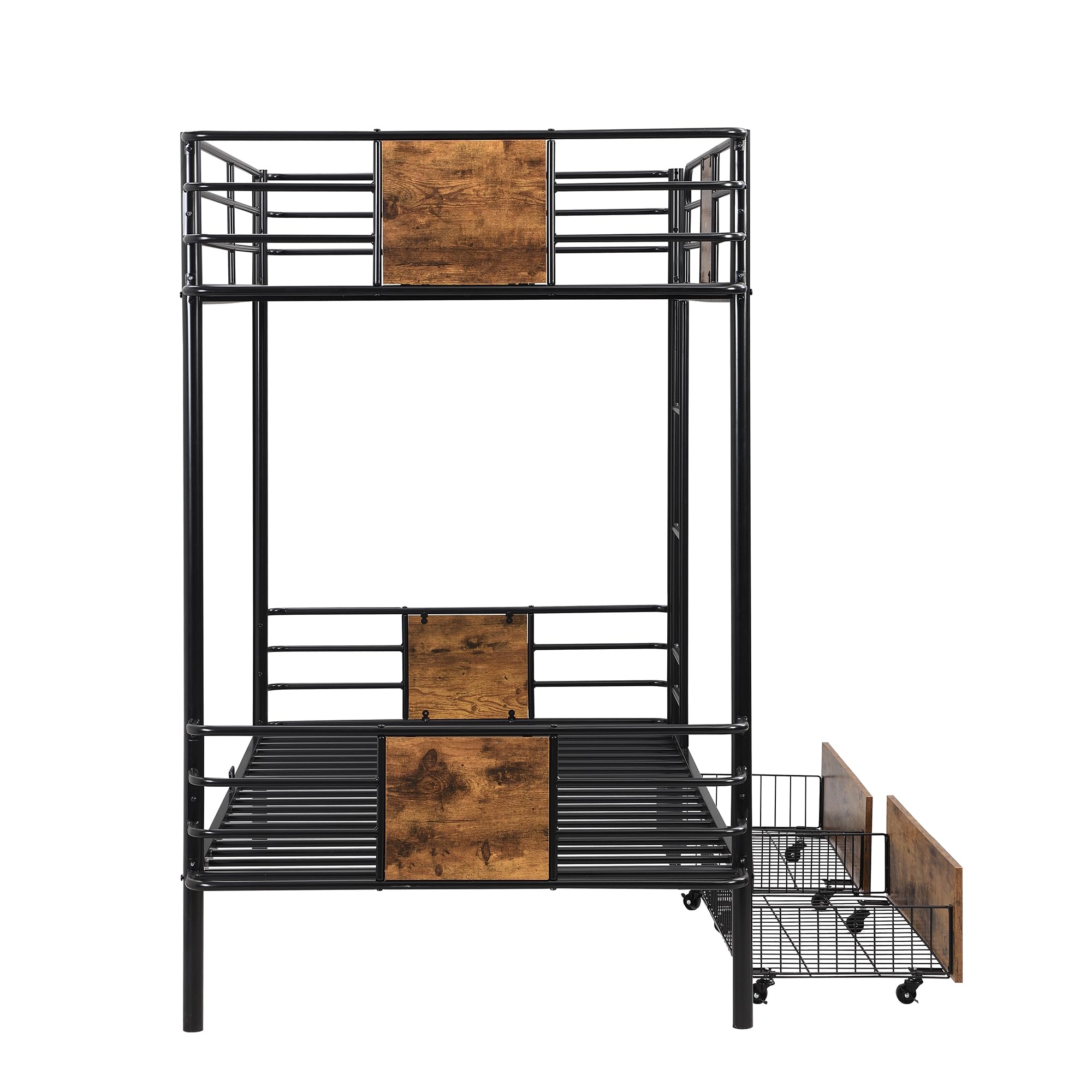 YOPTO Twin XL Over Twin XL Metal Bunk Bed with MDF Board Guardrail,an Integrated Ladder,Full-Length Guardrails and Two Storage Drawers,Industrial Modern bunk-Bed,No Box Spring Needed,Black