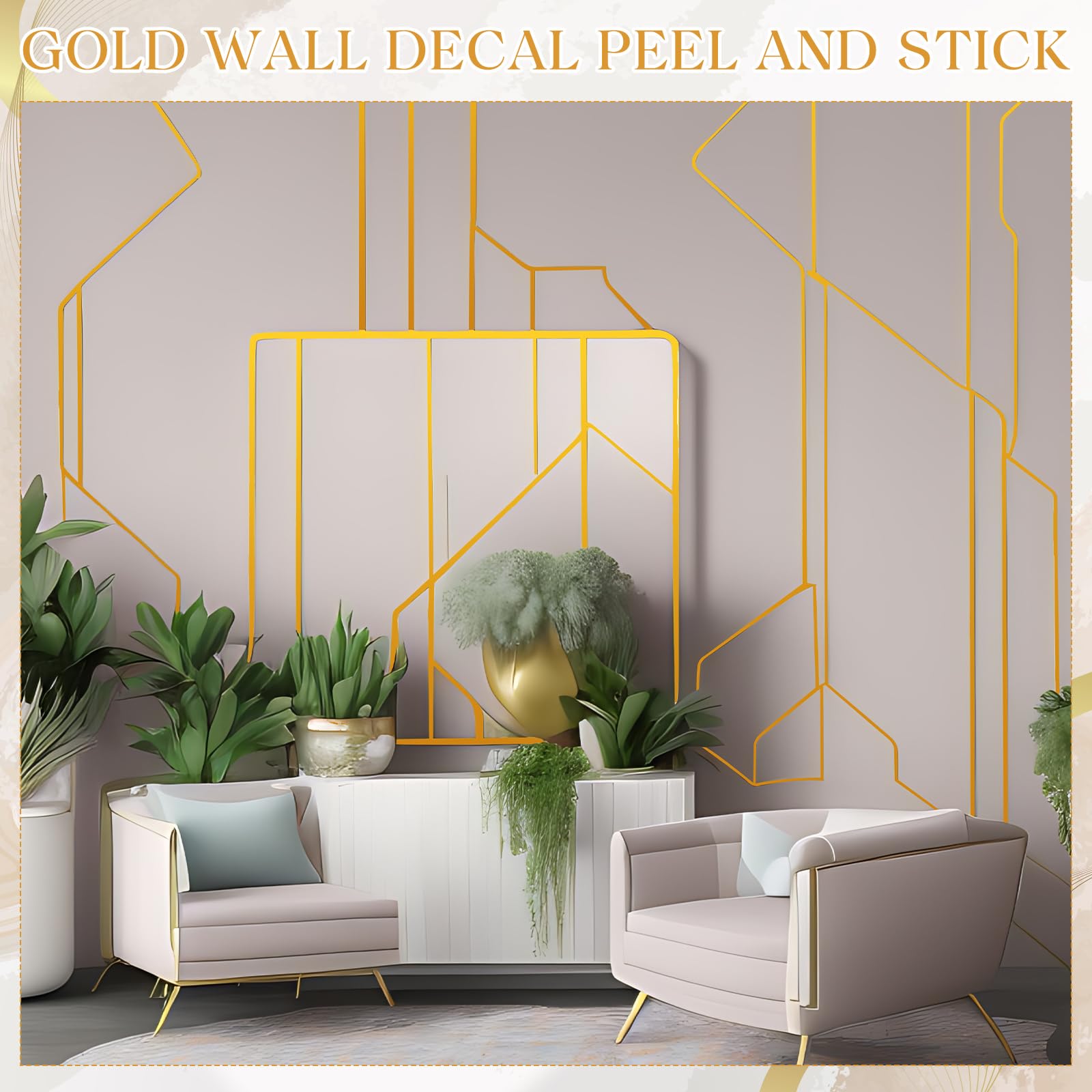 Hoolerry 24 Pcs 70.8 x 1.2 Inch Metallic Line Wall Decals Peel and Stick Adhesive Tile Stickers Washi Tape Wall Tape Mirror Tape Graphic Tape for Home Wall Crafts Decoration (Gold)