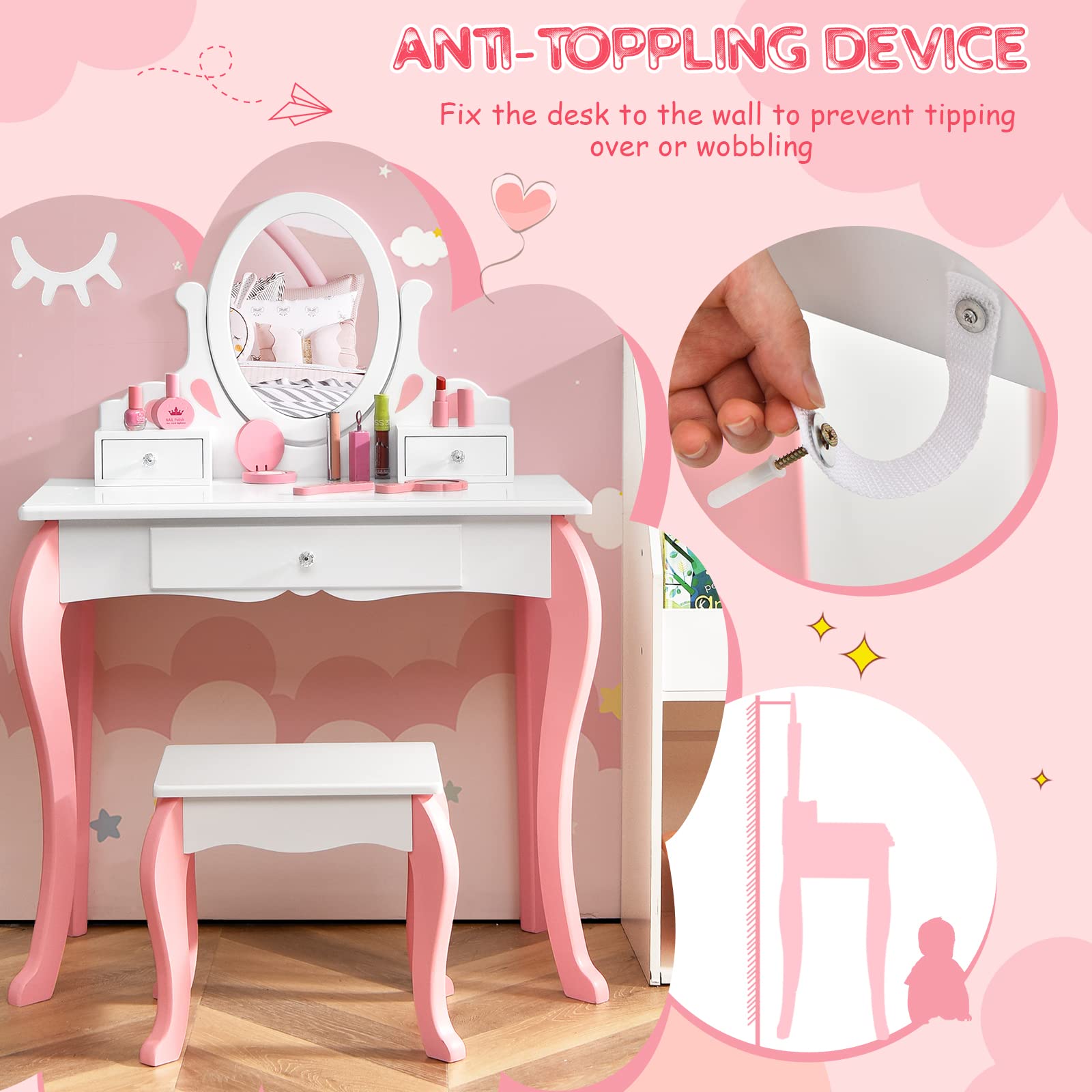 Olakids Kids Vanity Set, 2 in 1 Wooden Princess Makeup Table and Chair Set with 360° Rotating Mirror Detachable Top Storage Drawer, Girls Pretend Beauty Dressing Play Toy Gift (White)