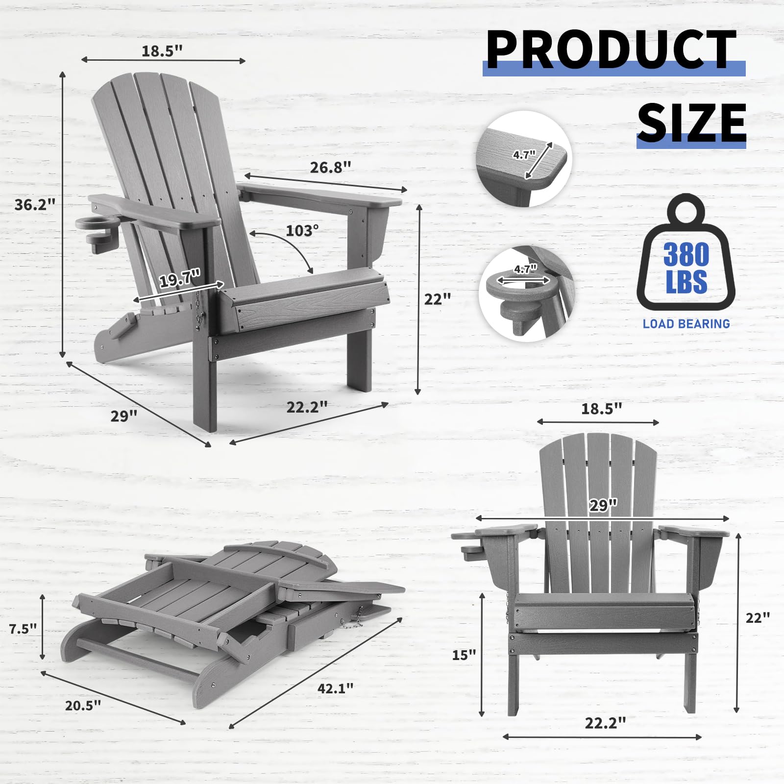 FUNBERRY Adirondack Chair,Plastic Adirondack Chairs,Wood Texture Fire Pit Chairs,Folding Adirondack Chairs,Composite Adirondack Chairs,Resin Adirondack Chairs with Cup Holder (Grey)