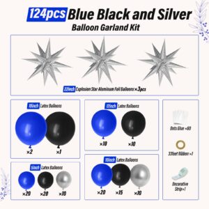 FOTIOMRG Royal Blue and Black Balloon Garland Arch Kit with 3pcs Star Balloon, Navy Blue Balloons Metallic Sliver Black Balloons for 30th 40th 50th Birthday Graduation New Years Party Decorations