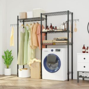 Karl home Over The Washer Dryer Storage Shelf, Heavy Duty Clothes Drying Rack Freestanding Laundry Room Bathroom Organization with Wire Shelves Wivel Hooks, 57.5" L x 13.78" D x 76.4" H