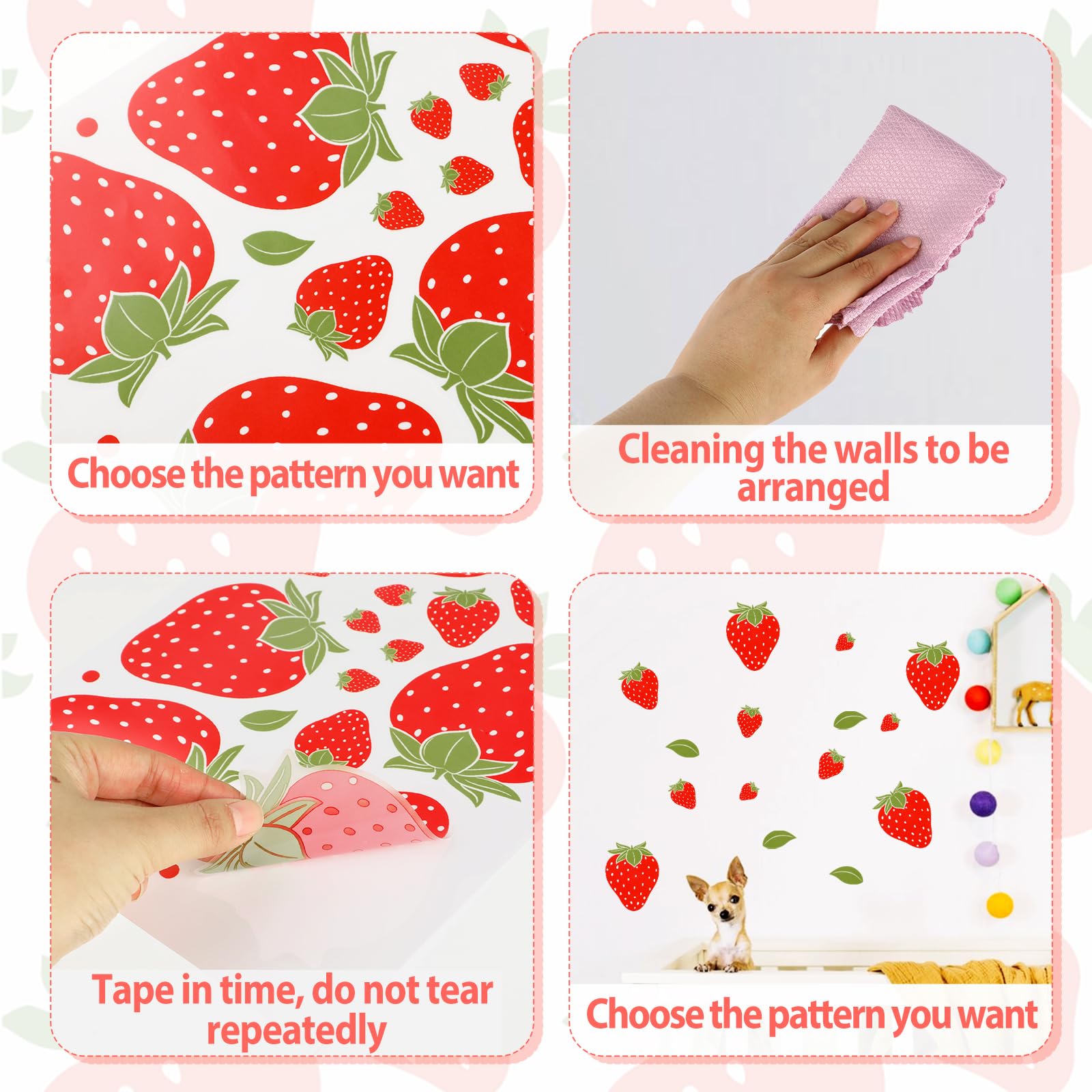 4 Pages Strawberry Stickers, Cute Strawberry Shortcake Stickers, Waterproof Removable Strawberry Wallpaper Stickers for Girl Decorations