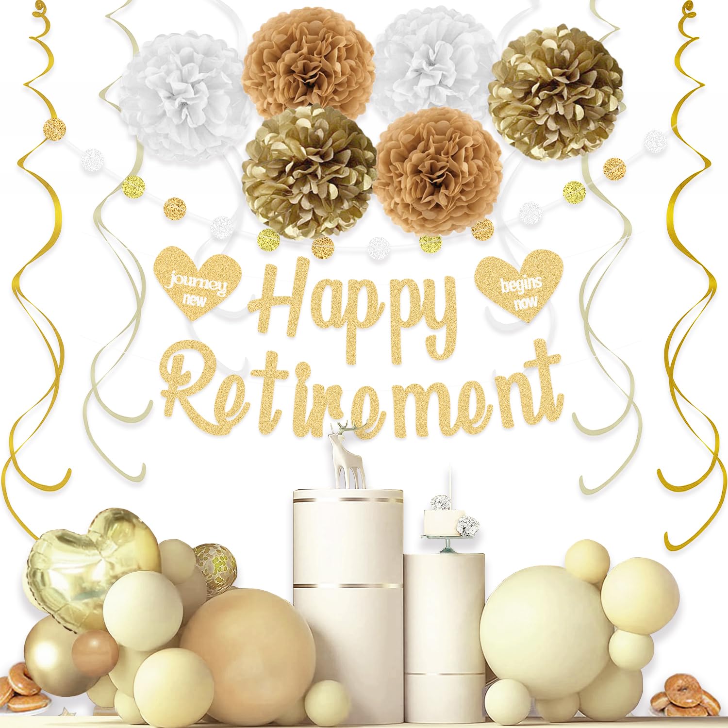 KOKAR Happy Retirement Decorations – Gold Happy Retirement Banner, Paper Pom Poms, Hanging Swirls and Glitter Circle Dots Garland for Retirement Party Decorations