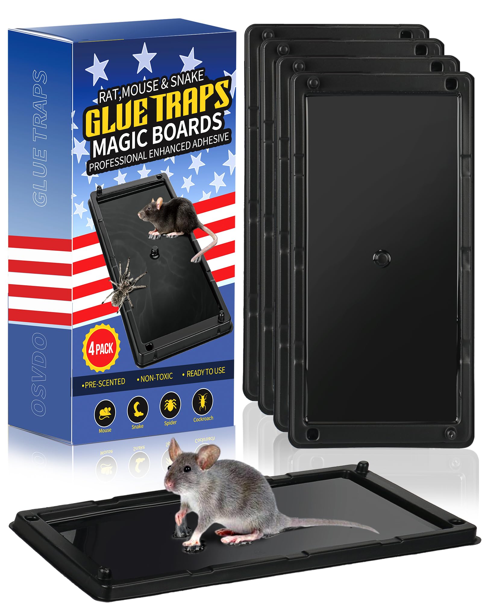 OSVDO Rat Trap, Large Chipmunk Traps, Mouse Glue Traps for Indoor, Super Strong Adhesive Mouse Boards for Mouse Rat Chipmunk, Easy Set Up and Clean - 4 Pack Black Boards