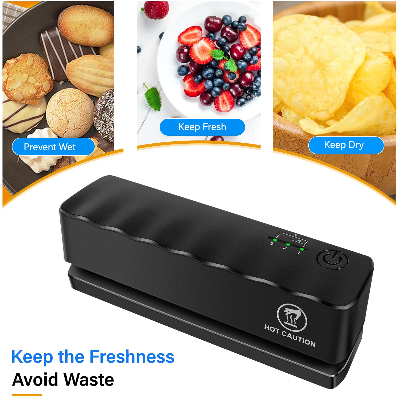 Bag Sealer - Mini Rechargeable Food Sealer Machine,5 Adjustable Gears Chip Bag Resealer,with 3000mAh Battery and 4.7" Heating Strip Seal for Vacuum Sealer Bags, Food Snack Bags Storage (Black)