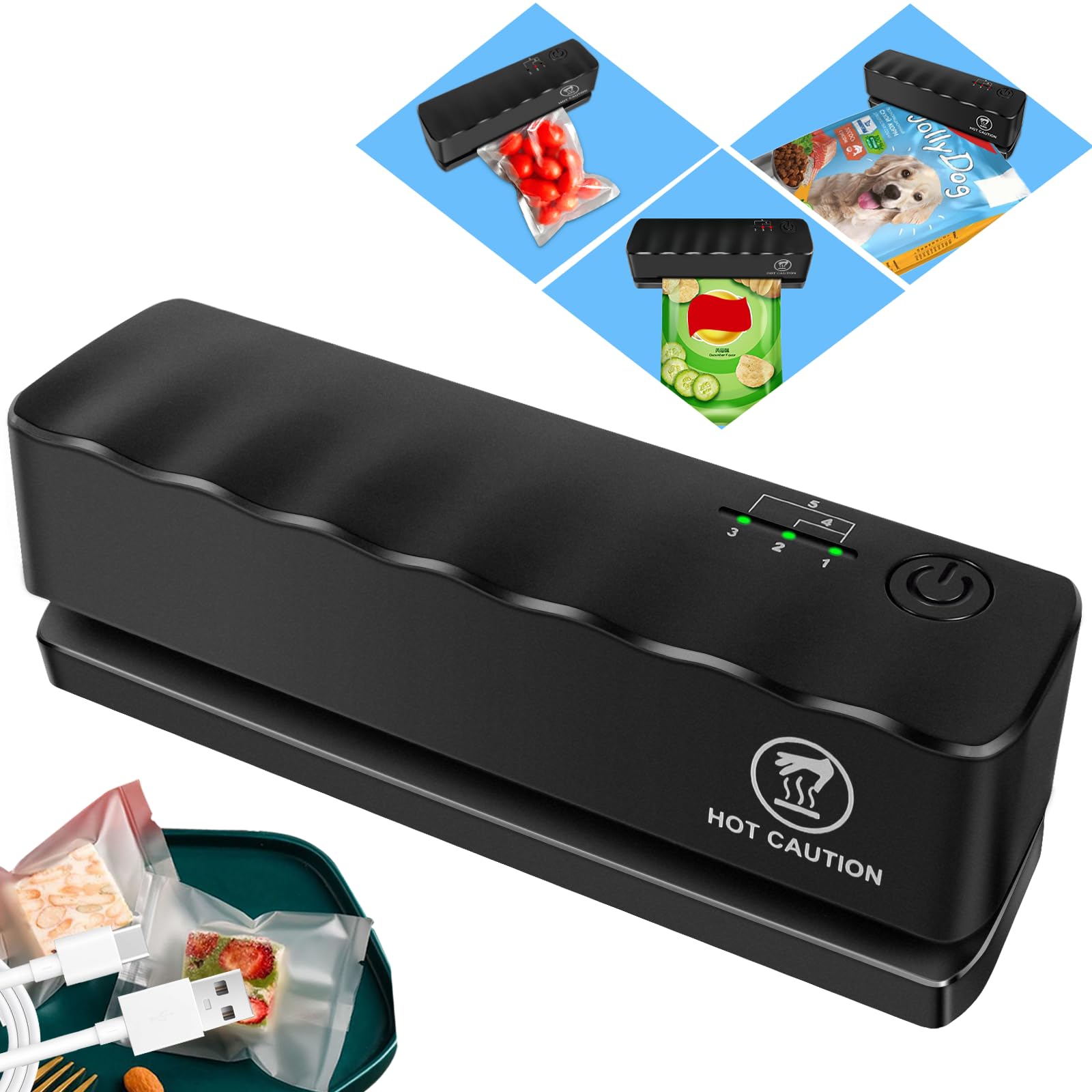 Bag Sealer - Mini Rechargeable Food Sealer Machine,5 Adjustable Gears Chip Bag Resealer,with 3000mAh Battery and 4.7" Heating Strip Seal for Vacuum Sealer Bags, Food Snack Bags Storage (Black)