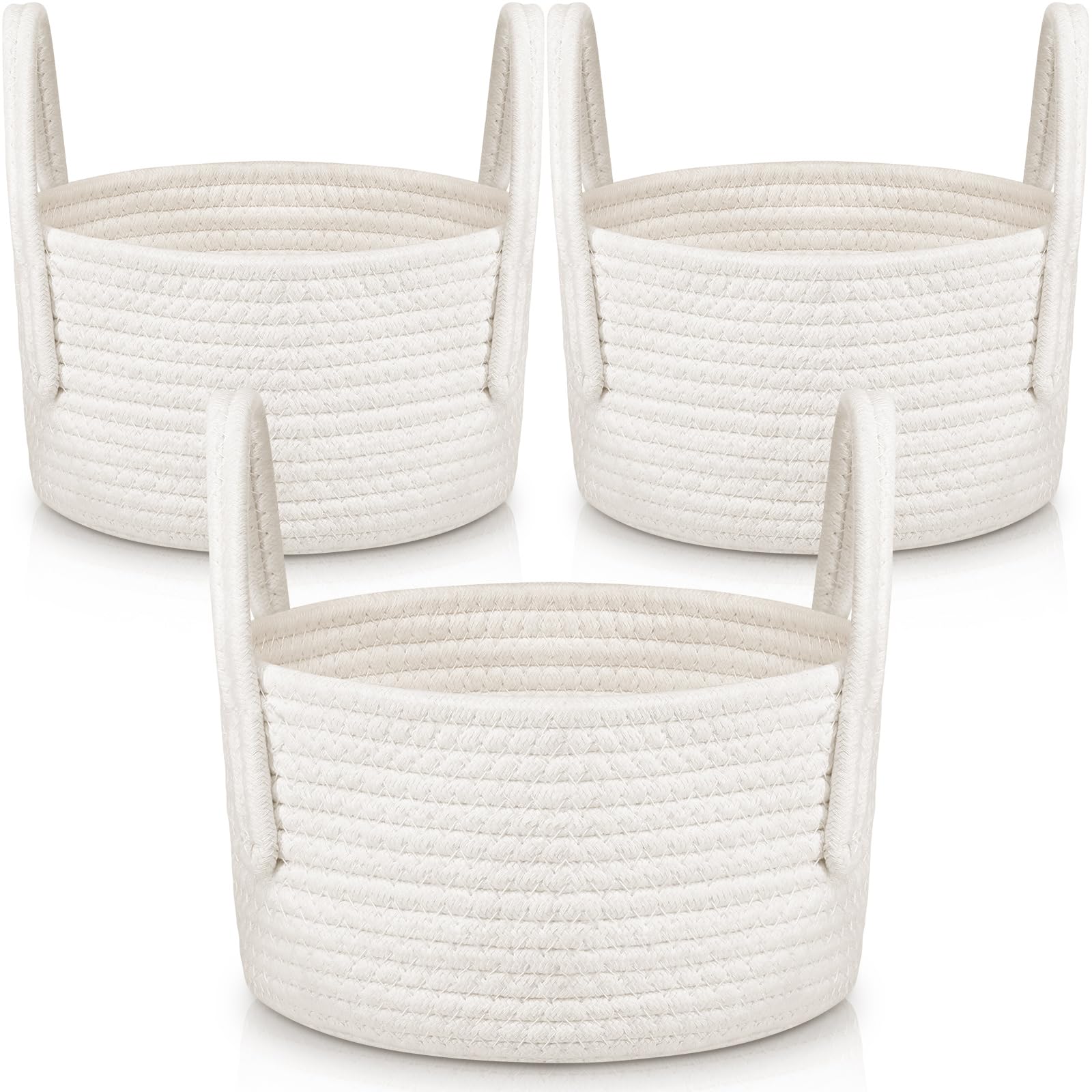 FillTouch 3 Pack Small Cotton Rope Storage Basket Baby Woven Nursery Baskets with Handles Cute Soft Laundry Baskets Organizer for Gifts Empty Room Shelf Storage Basket All 9.5 x 9.5 x 5.5, White