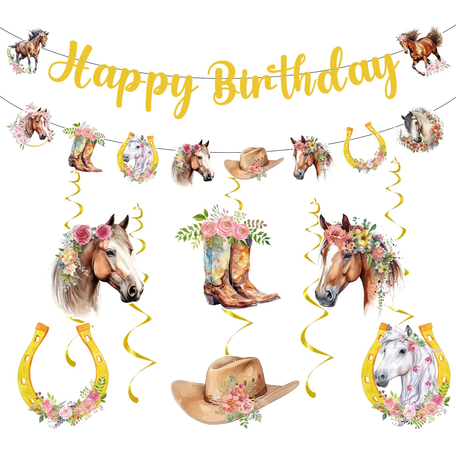 Horse Themed Birthday Party Decorations - NOVBAUB 21PCS Cowgirl Happy Birthday Party Decorations Banner Hanging Swirls Western Cowgirl Hat Boots Horseshoe Horse Party Streamers Decor Supplies