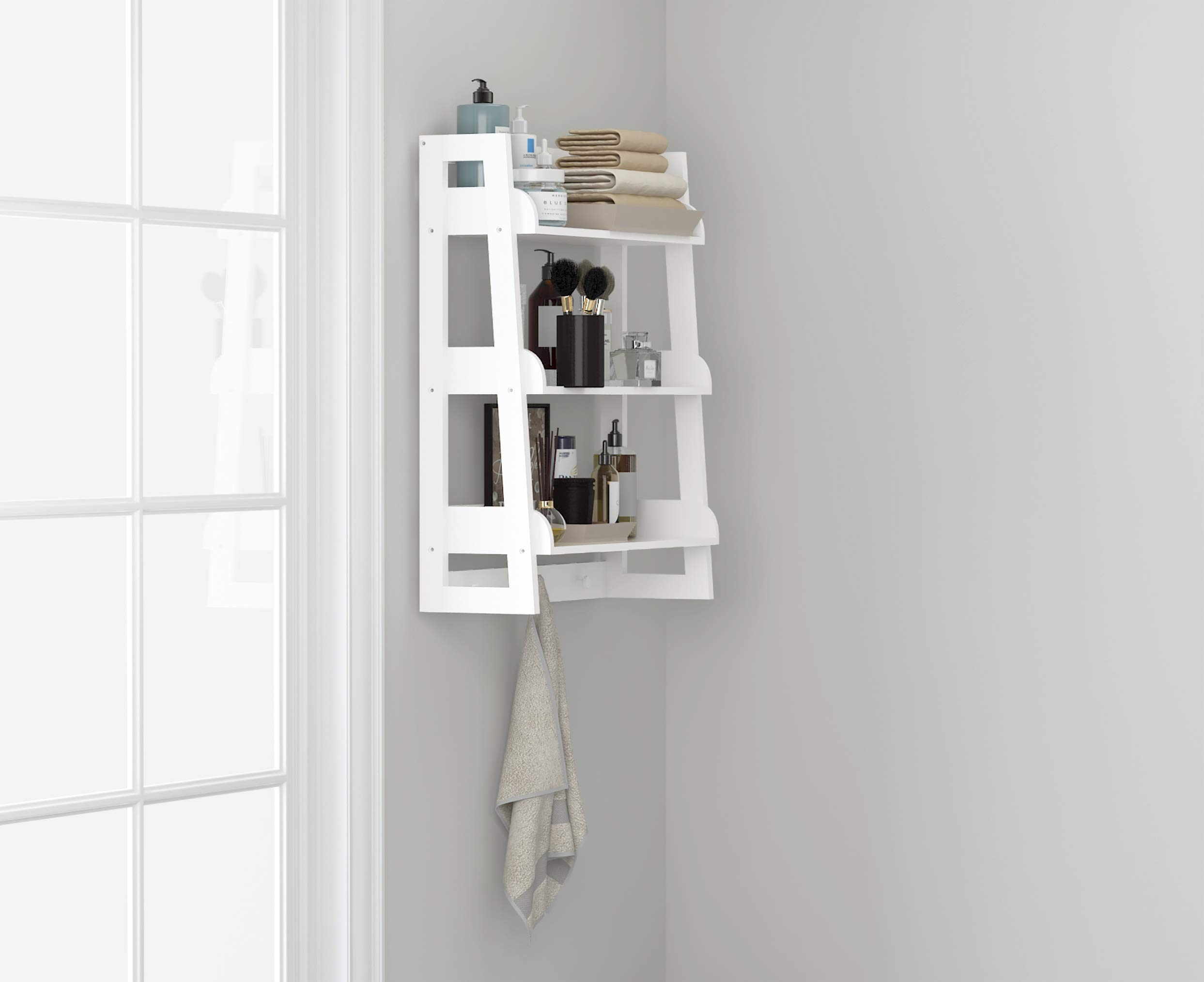 UTEX Bathroom Wall Shelf, Over Toilet Storage Shelf Organizer, 3-Tier Wall Mount Shelf Rack with Hook, White