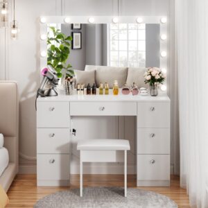 VOWNER Vanity with Lighted Mirror - Makeup Vanity Desk with Power Outlet and 7 Drawers, 3 Color Lighting Modes Adjustable Brightness, 44" Vanity Table with Soft Cushioned Stool for Women Girls, White