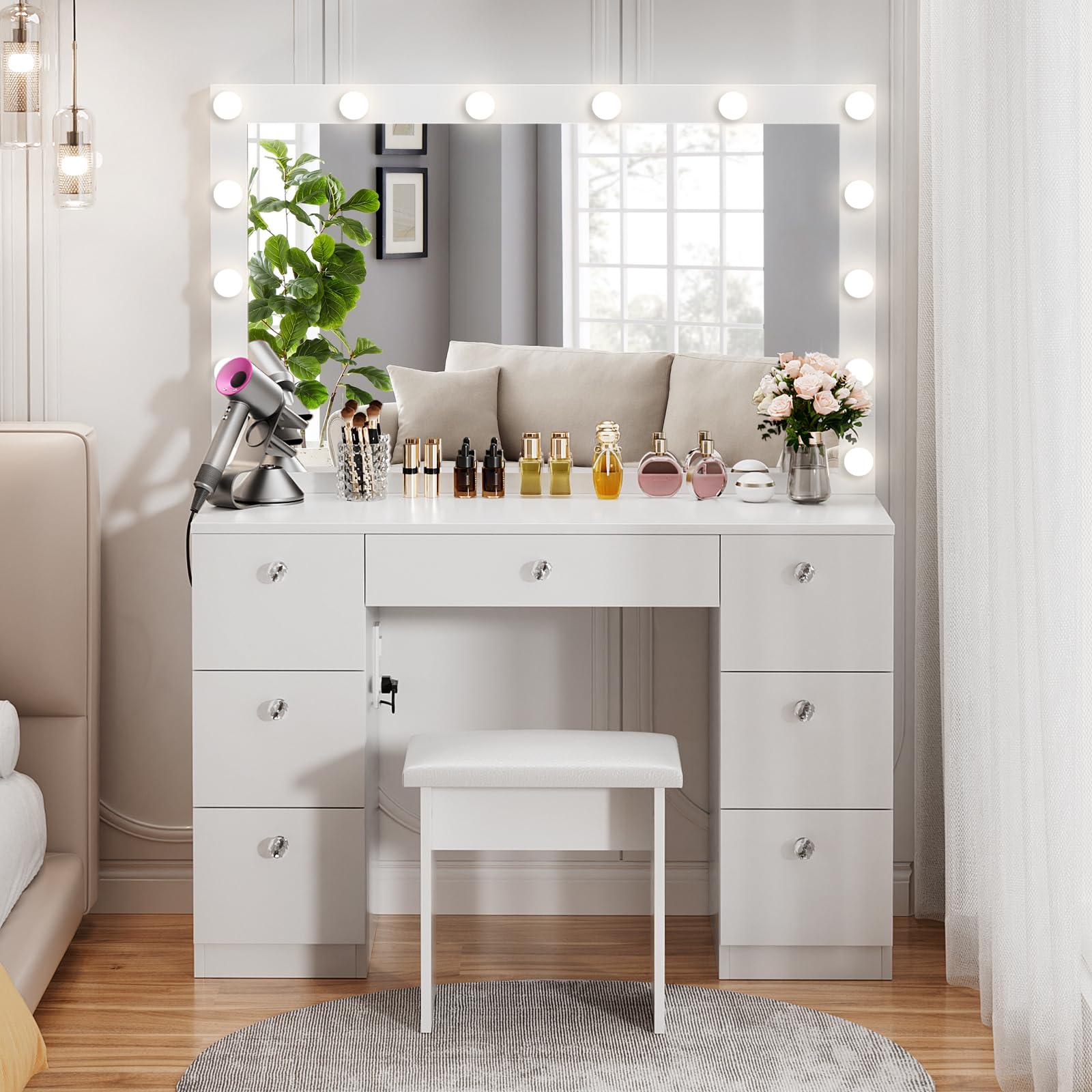 VOWNER Vanity with Lighted Mirror - Makeup Vanity Desk with Power Outlet and 7 Drawers, 3 Color Lighting Modes Adjustable Brightness, 44" Vanity Table with Soft Cushioned Stool for Women Girls, White