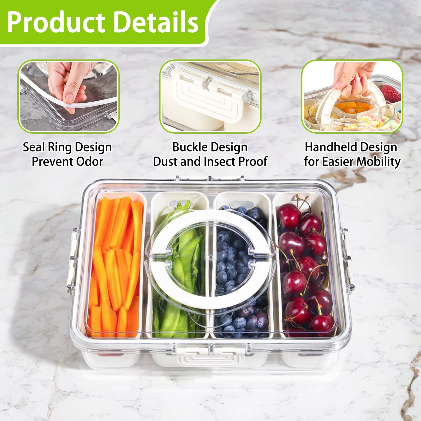 Salad Bar Containers for Fridge, 4 Compartment Divided Serving Tray with Lid & Handle for Fridge Fruit Charcuterie Storage, Veggie Tray Drainer Container Berry Snackle Box Container, BPA-Free