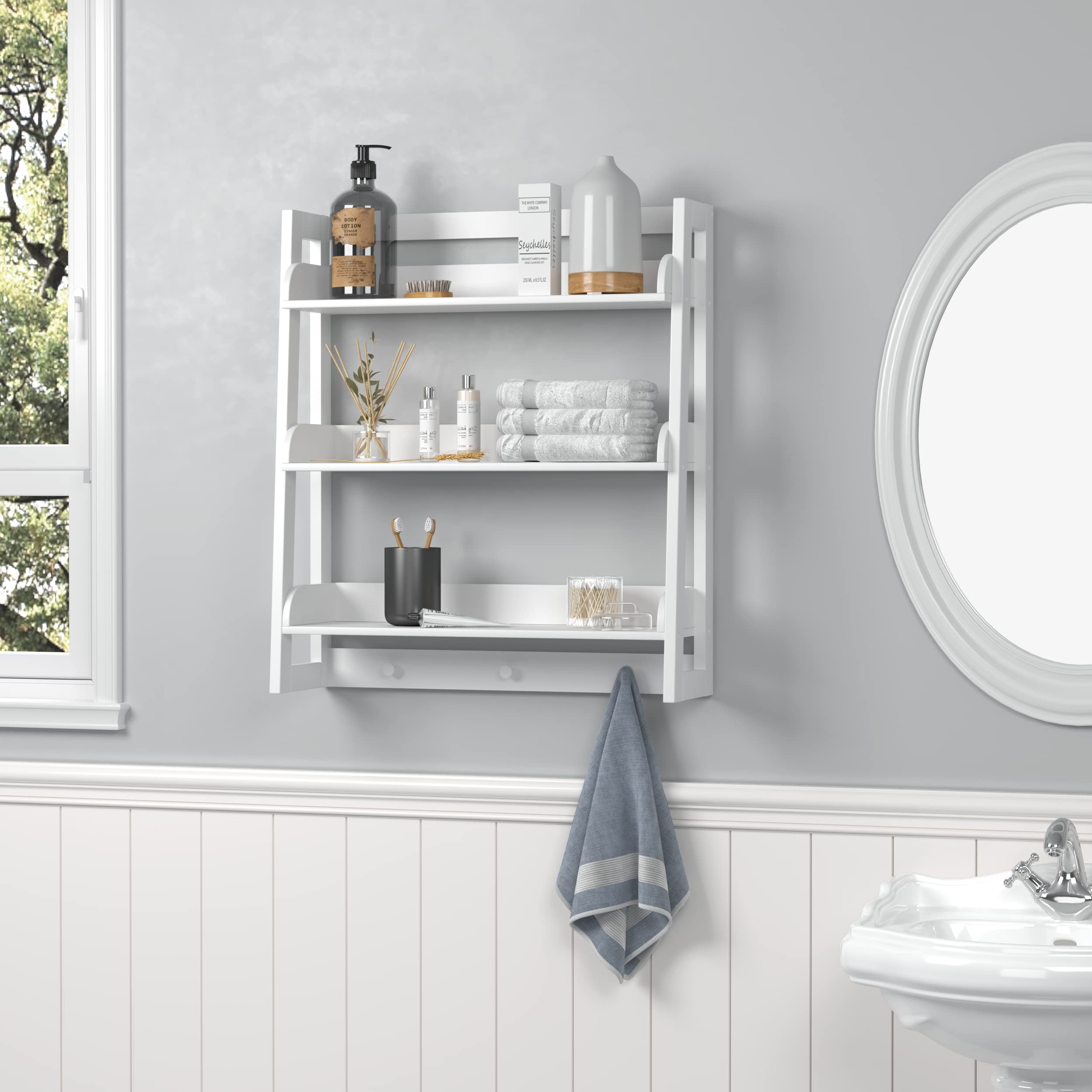 UTEX Bathroom Wall Shelf, Over Toilet Storage Shelf Organizer, 3-Tier Wall Mount Shelf Rack with Hook, White