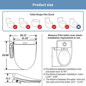 KERDE 08C Electric Bidet Toilet Seat,Warm Water Cleansing,Warm Air Drying, Heated Seat,Adjustable Temperature Settings, Moving Nozzle Massage,White,Night Light, Elongated,Bidets for Existing Toilets.