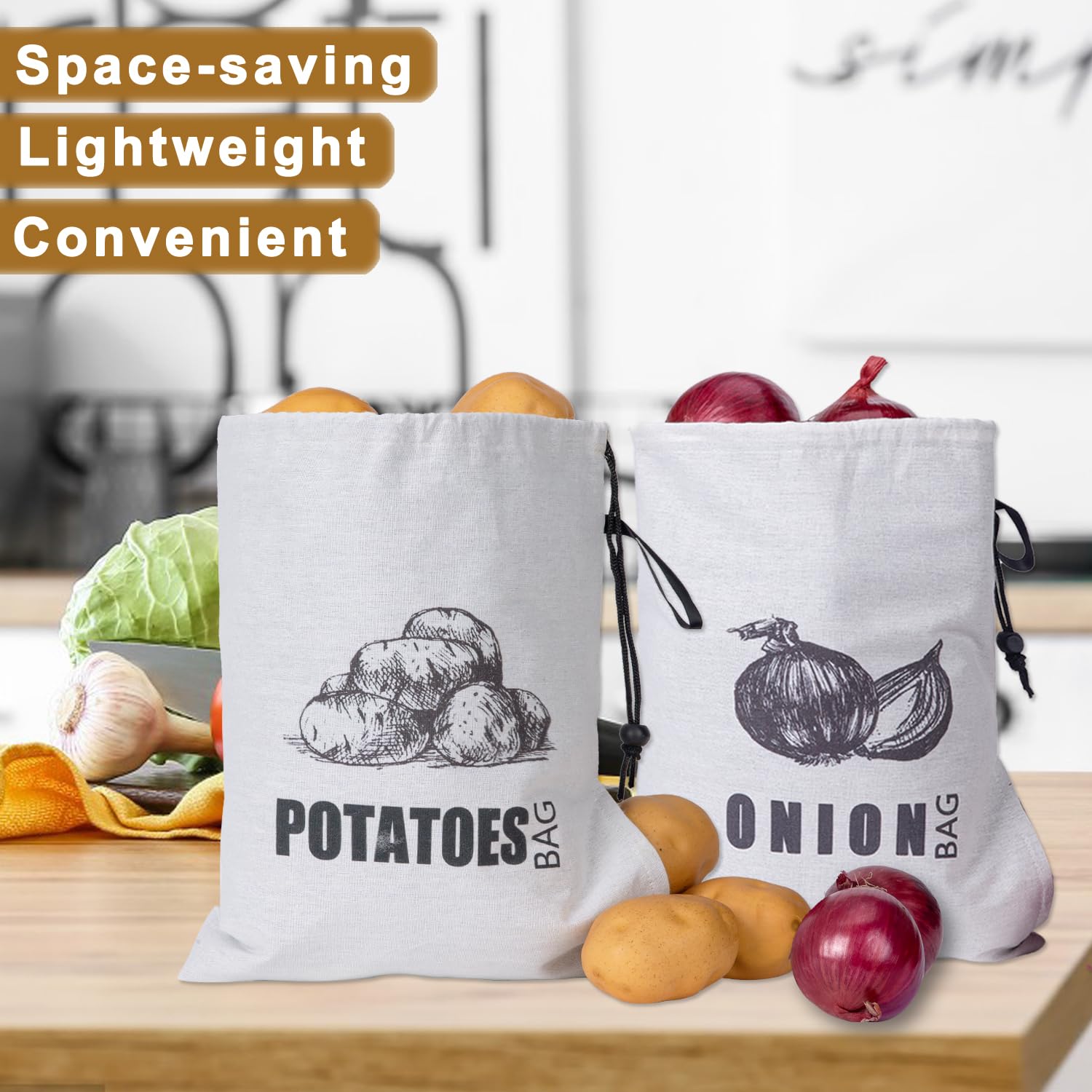 TOGETRUE Potato Onion Storage Bag, Fabric Onion and Potatoes Storage Bag, Washable Garlic Potatoes Onions Keeper with Drawstring for Pantry, 2 Pack (Potato Onion Bag)