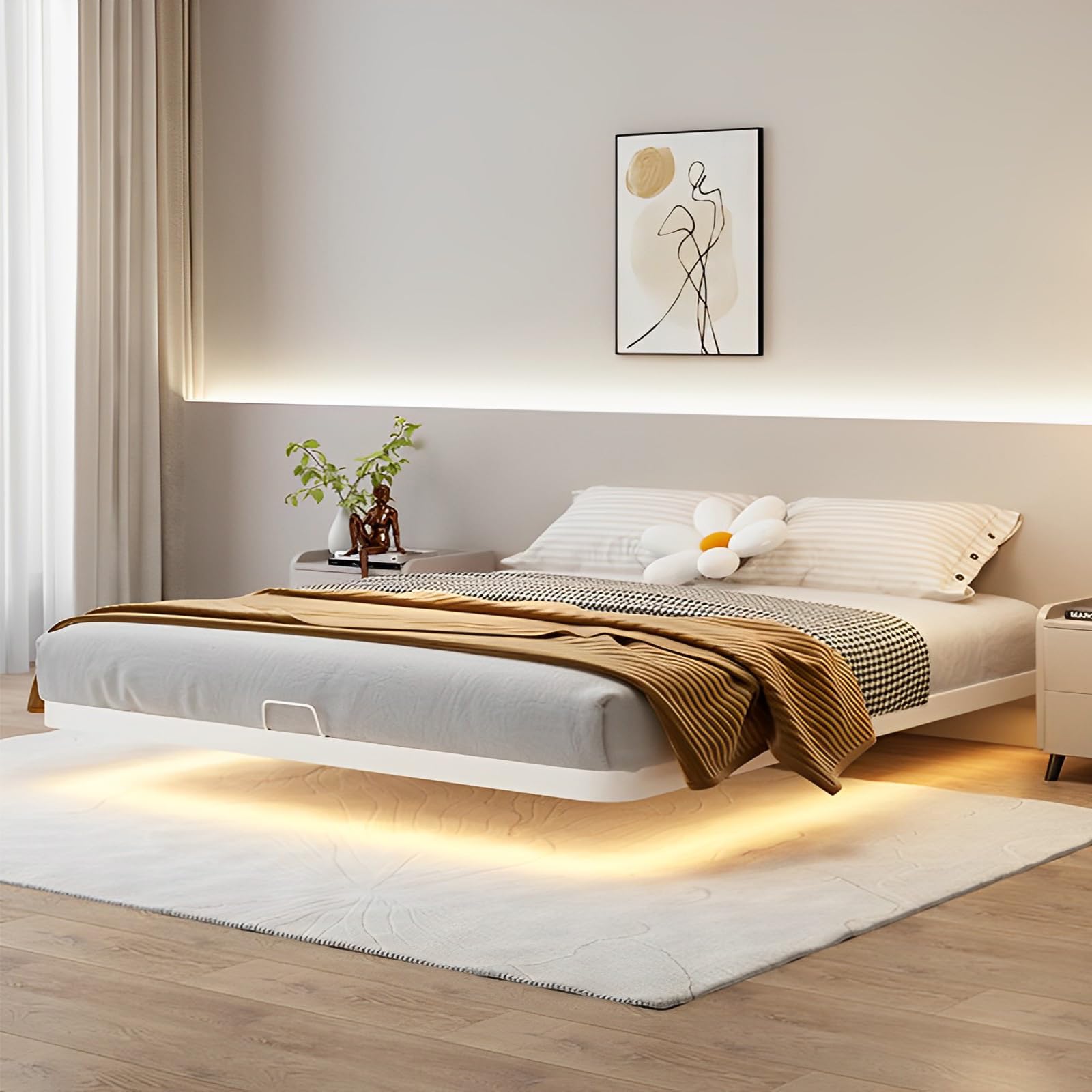 OSCHF Floating Metal Bed Frame - Queen Size Modern Platform with Smart LED Lights, Heavy Duty Bed Mattress Foundation, No Box Spring Needed, Warm White