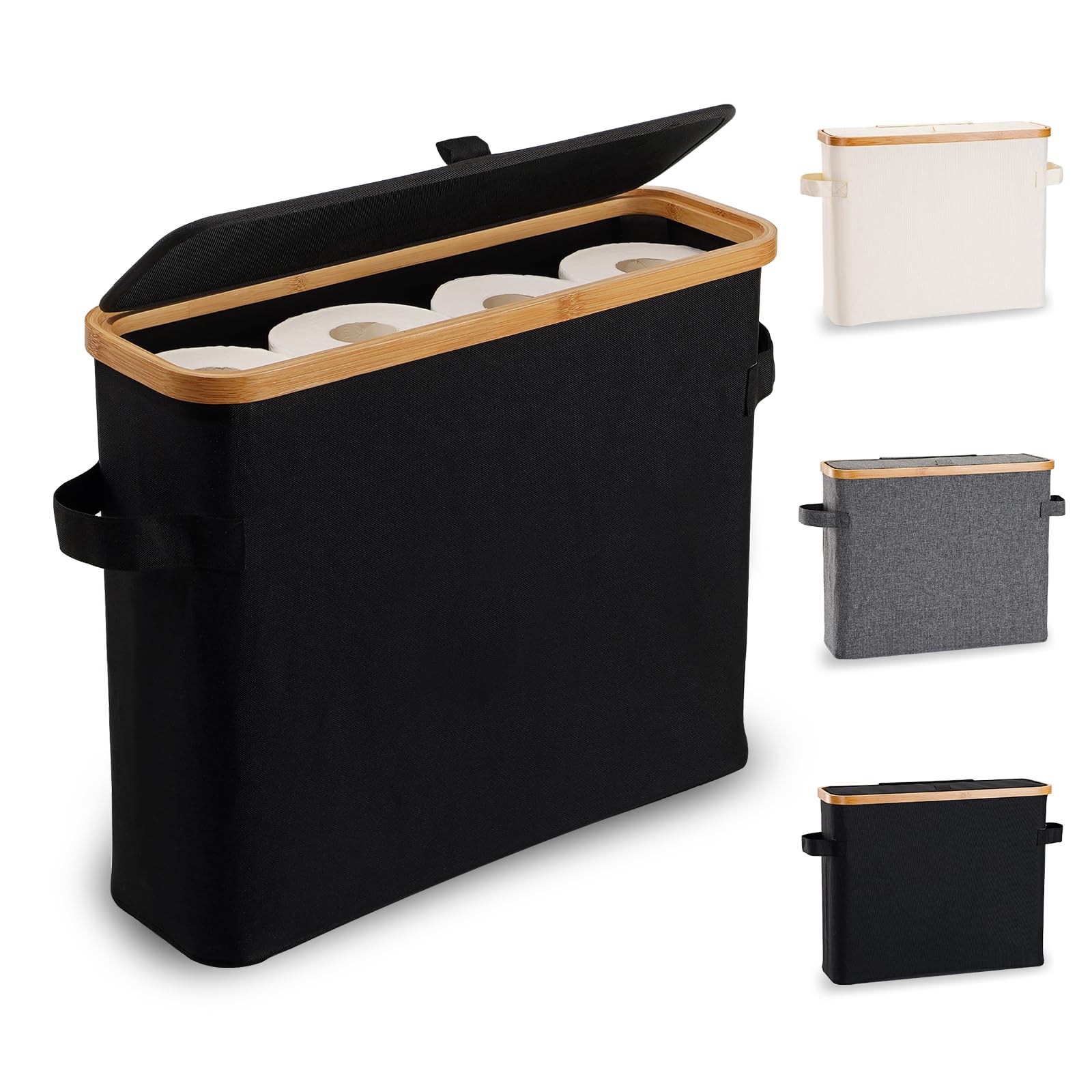 Toilet Paper Storage Basket with Lid, Bamboo Toilet Paper Storage Holder Stand Organizer for Bathroom, Toilet Paper Storage Box Container with Handle, Toilet Tissue Storage Bin for RV Closet, Black