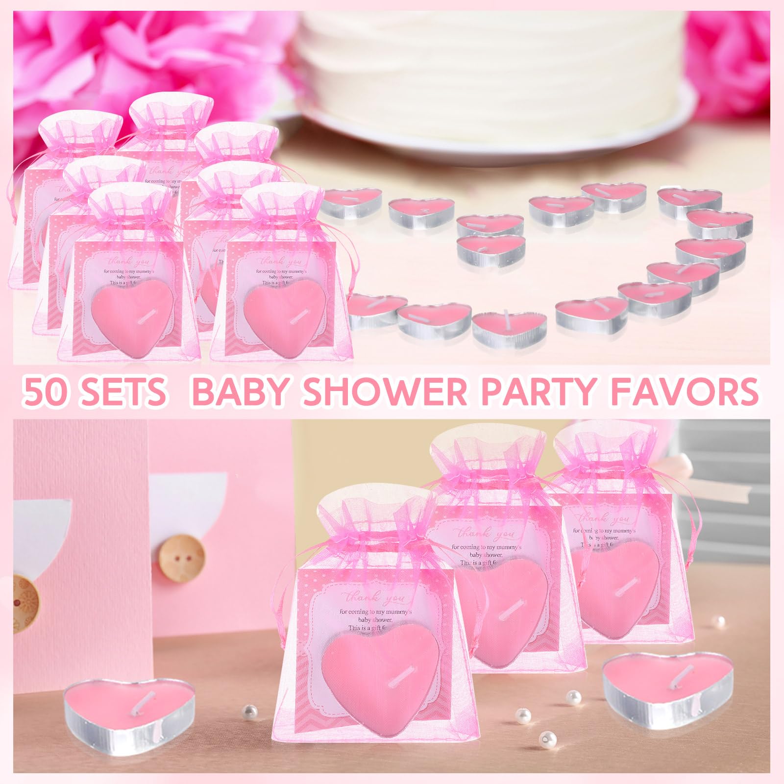 Threlaco 50 Sets Baby Shower Favors Include 50 Pcs Valentine's Day Heart Shaped Tealight for Guests Baby Shower Candles Tealight with 50 Pcs Thank Cards and 100 Pcs Gift Bags for Gender Reveal (Pink)