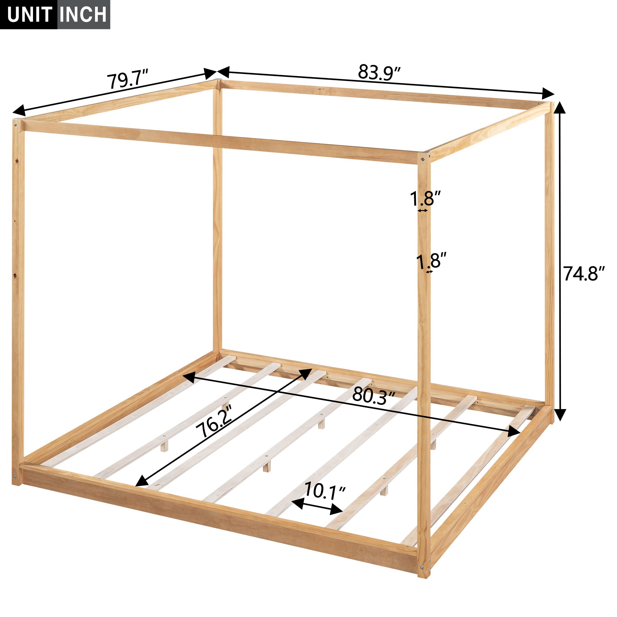 Favfurish King Size Canopy Platform Bed with Support Legs,Solid Wood Bed Frame,4-Post Canopy-Platform-Bed for Kids Teens Adults, No Box Spring Needed,Natural