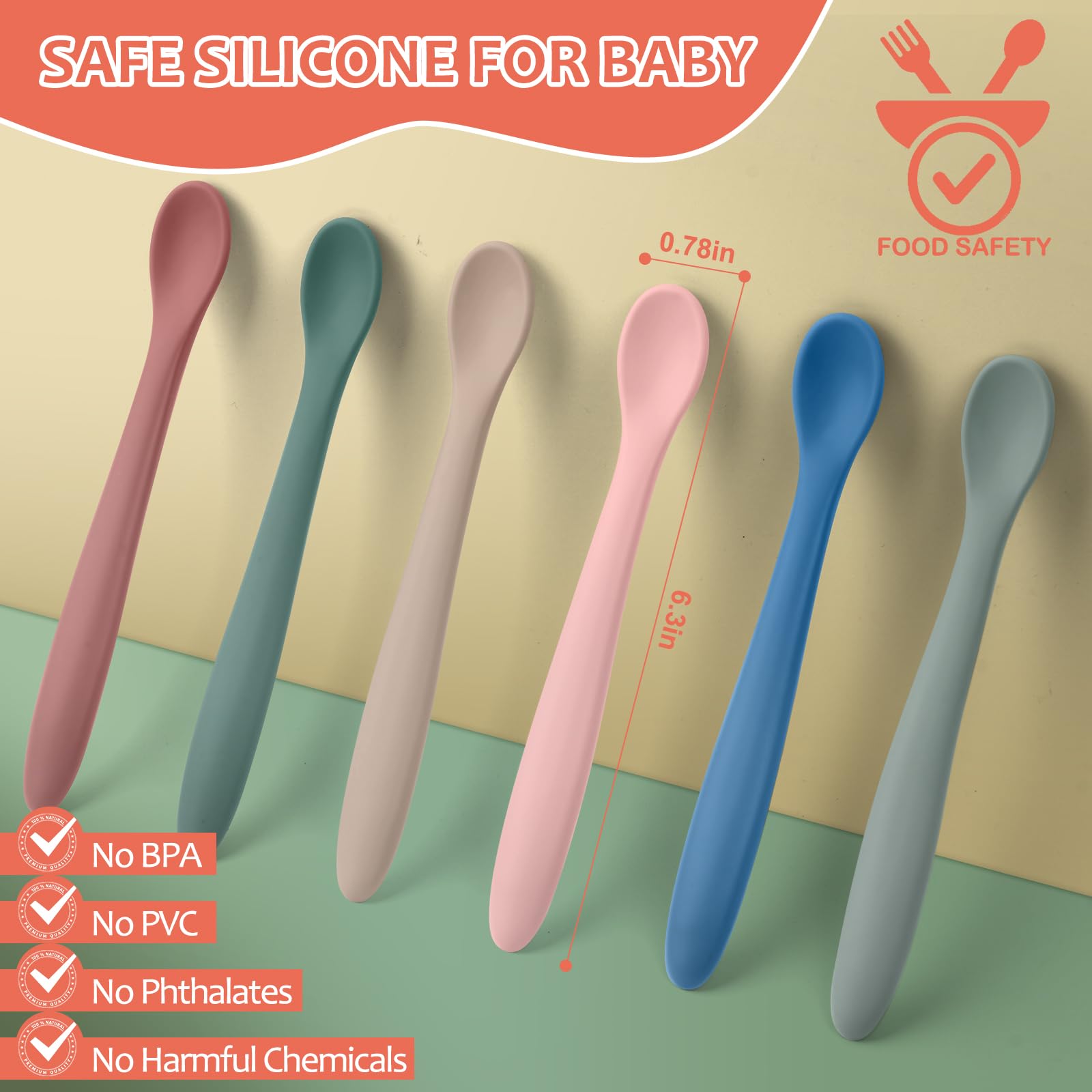 6-Piece Silicone Baby Feeding Spoons for First Stage Infant, Soft-Tip Easy on Gums I Training Spoon Self | Baby Utensils Feeding Supplies, Dishwasher Safe & Boil-proof