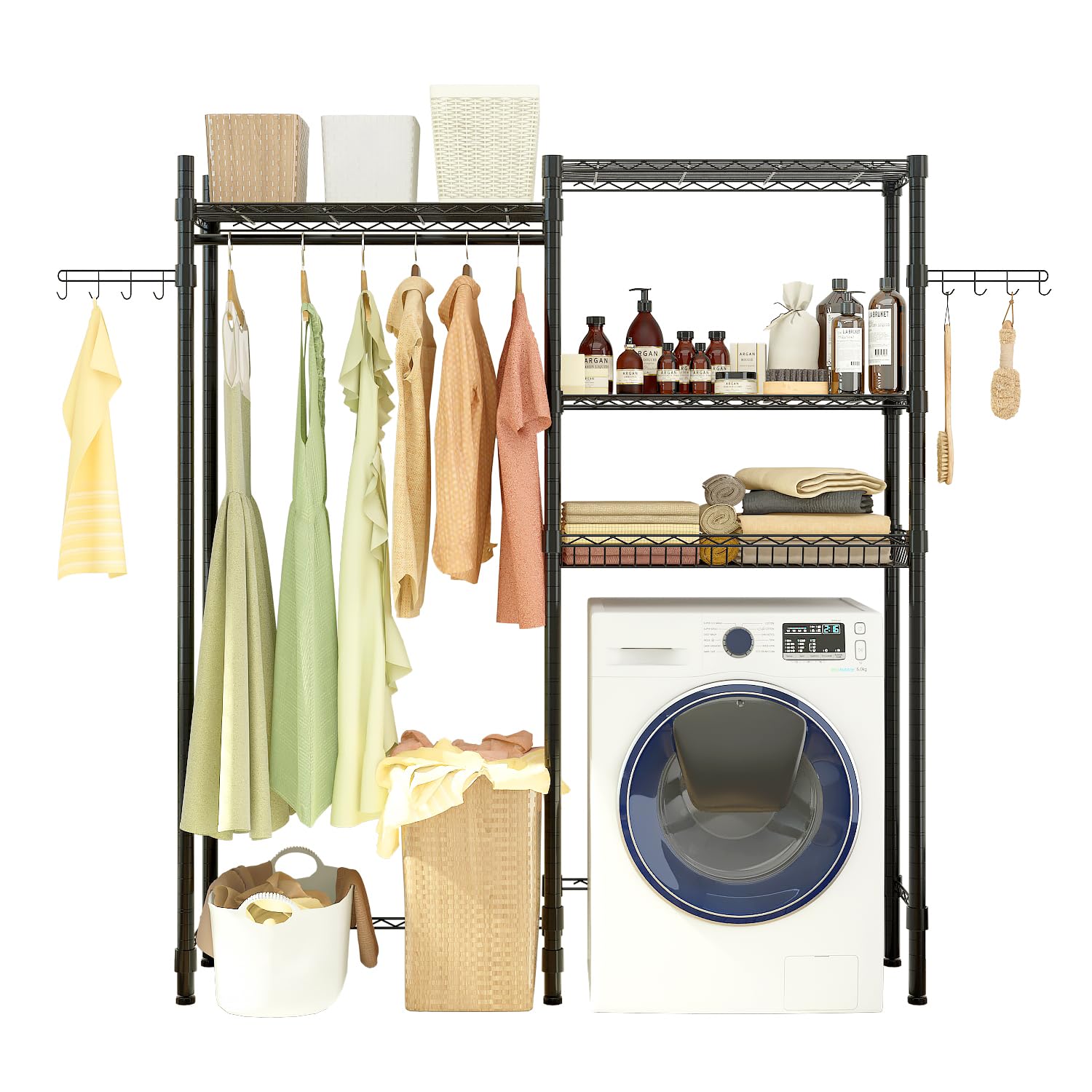 Karl home Over The Washer Dryer Storage Shelf, Heavy Duty Clothes Drying Rack Freestanding Laundry Room Bathroom Organization with Wire Shelves Wivel Hooks, 57.5" L x 13.78" D x 76.4" H