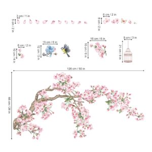 decalmile Cherry Blossom Tree Branch Wall Decals Pink Flower Birds Wall Stickers Bedroom Living Room Sofa TV Background Wall Decor