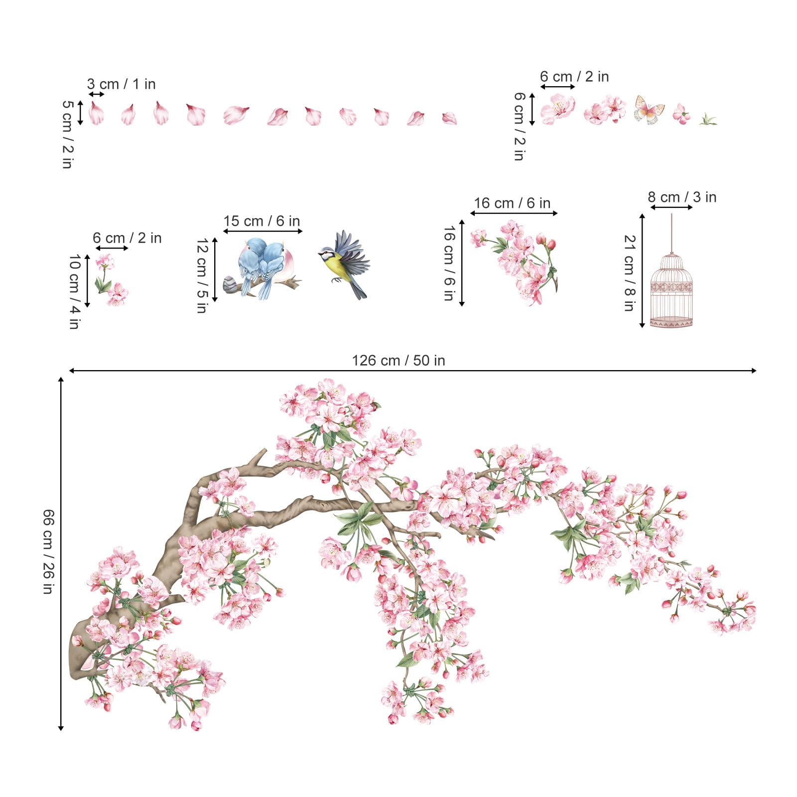 decalmile Cherry Blossom Tree Branch Wall Decals Pink Flower Birds Wall Stickers Bedroom Living Room Sofa TV Background Wall Decor