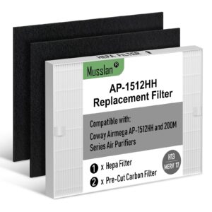 musslan ap-1512hh replacement filter for coway airmega ap-1512hh, ap-1512hh-fp, ap-1518r, ap-1519p, and 200m series air purifiers, h13 true hepa filter and 2 activated carbon pre-filters