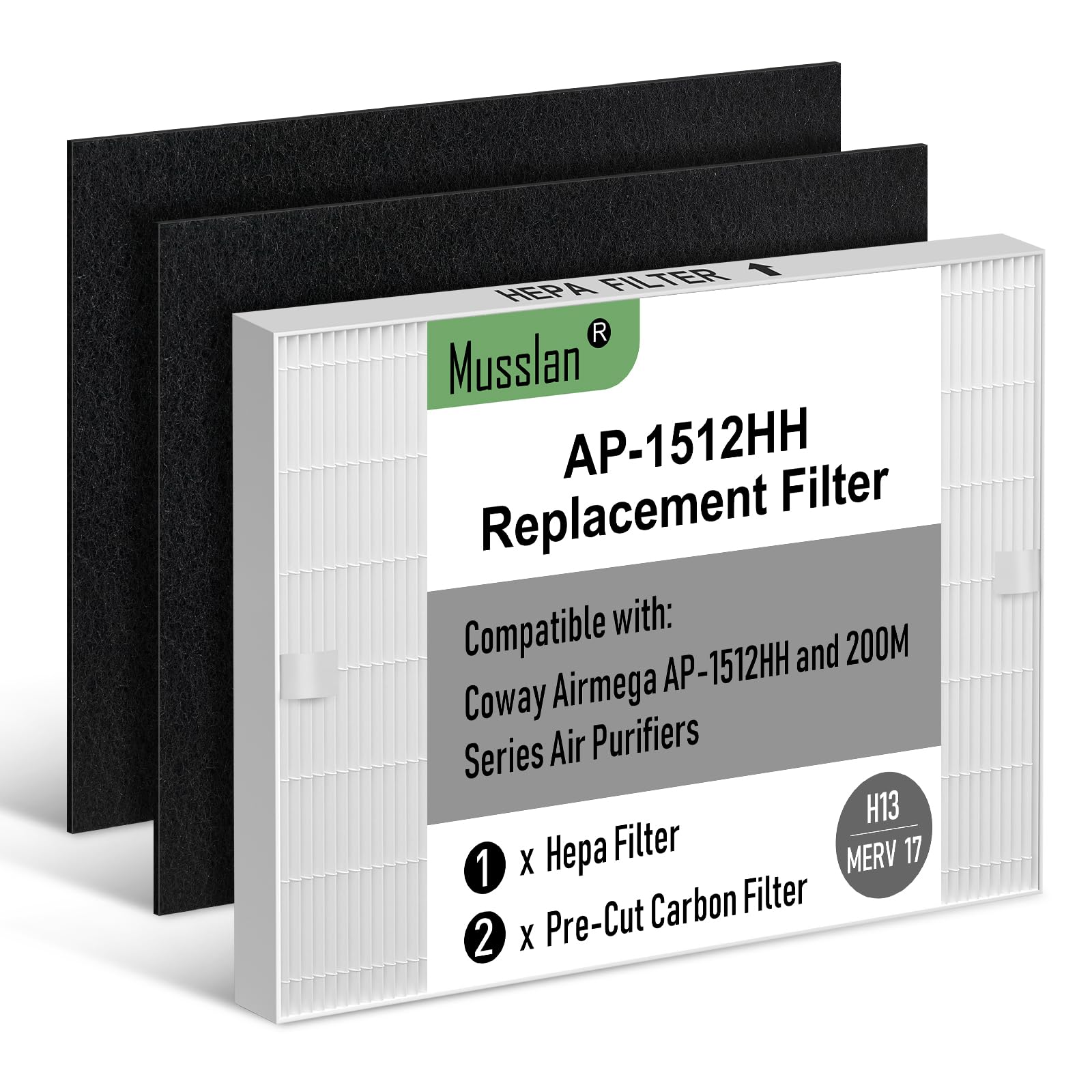 Musslan AP-1512HH Replacement Filter for Coway Airmega AP-1512HH, AP-1512HH-FP, AP-1518R, AP-1519P, and 200M Series Air Purifiers, H13 True HEPA Filter and 2 Activated Carbon Pre-Filters