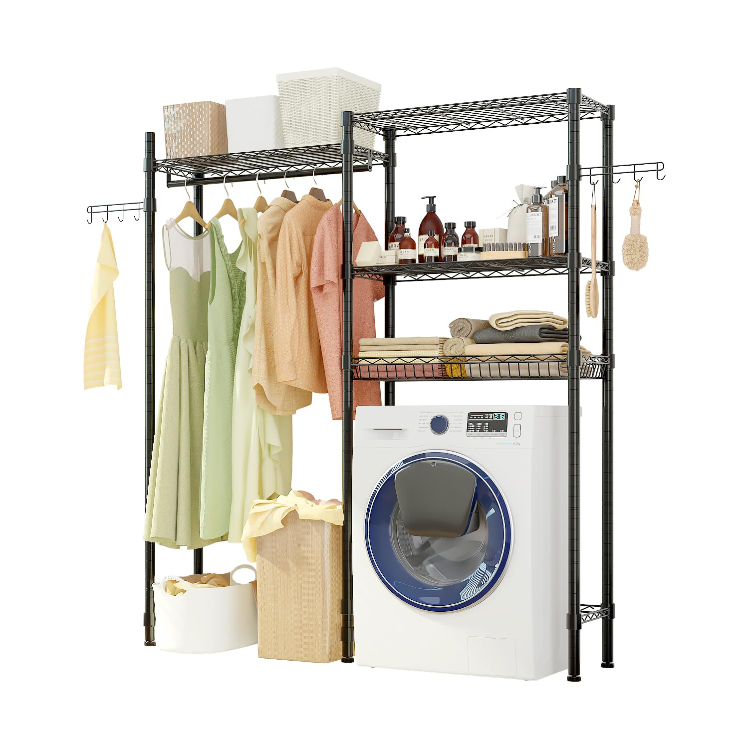 Karl home Over The Washer Dryer Storage Shelf, Heavy Duty Clothes Drying Rack Freestanding Laundry Room Bathroom Organization with Wire Shelves Wivel Hooks, 57.5" L x 13.78" D x 76.4" H