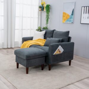 anana 2 Seater Sofa with Footstool, Linen Fabric Love Seat Solid Wood Legs Cushion Back Couch for Small Space Living Room (Gray, 2 Seater with Ottoman)