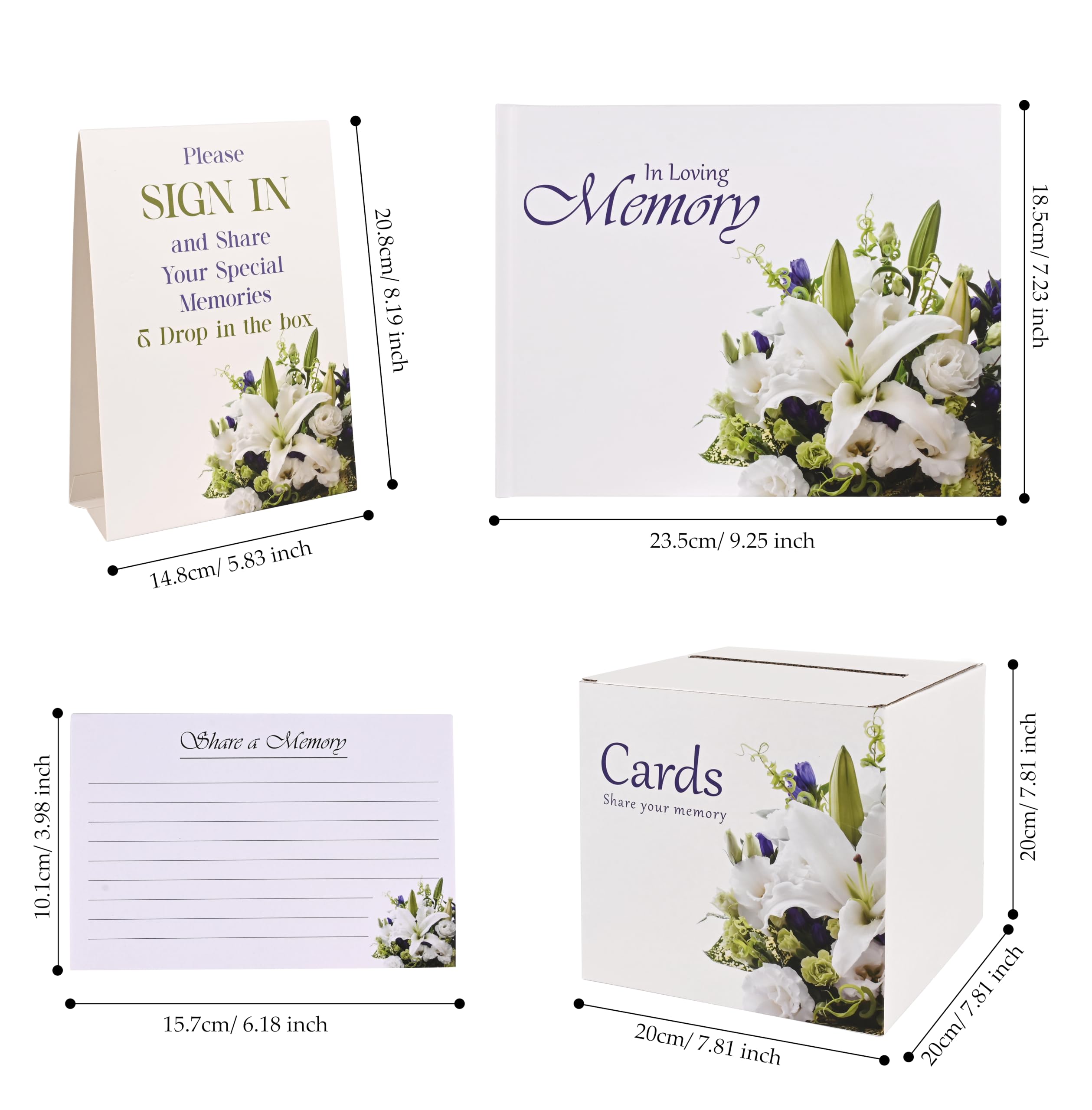 Customoffi Guest Book Set, Funeral Guest Book, Includes: Guestbook with 100 Pages, 60 Memory Cards, Ball Pen+Pen Stand, Table Sign, Card Box, Celebration of Life Guest Book, Memorial Guest Book