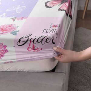 Smell Sunshine Butterfly Sheets Set 4Pcs for Kids,Pink Butterfly Printed Sheet Set with 1 Flat Sheet and 1 Fitted Sheet + 2 Pillowcases(Pink Butterfly Queen)