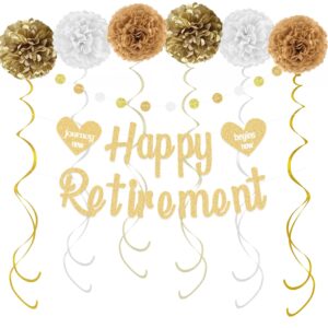 kokar happy retirement decorations – gold happy retirement banner, paper pom poms, hanging swirls and glitter circle dots garland for retirement party decorations