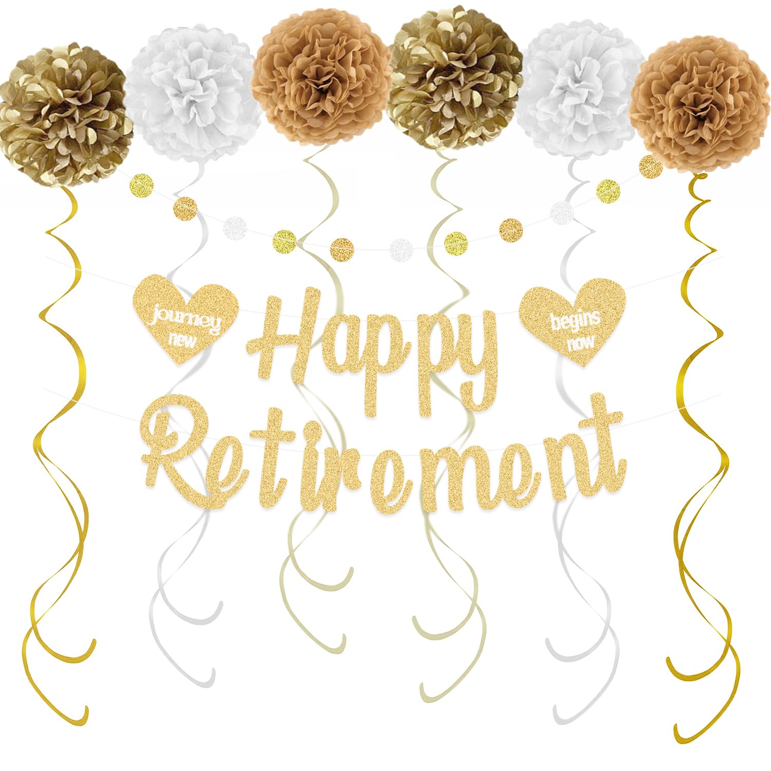 KOKAR Happy Retirement Decorations – Gold Happy Retirement Banner, Paper Pom Poms, Hanging Swirls and Glitter Circle Dots Garland for Retirement Party Decorations