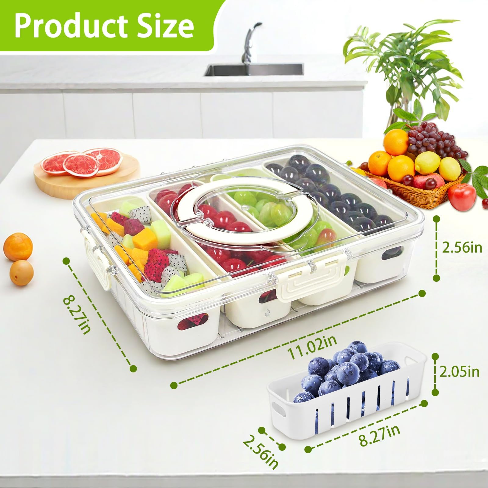 Salad Bar Containers for Fridge, 4 Compartment Divided Serving Tray with Lid & Handle for Fridge Fruit Charcuterie Storage, Veggie Tray Drainer Container Berry Snackle Box Container, BPA-Free