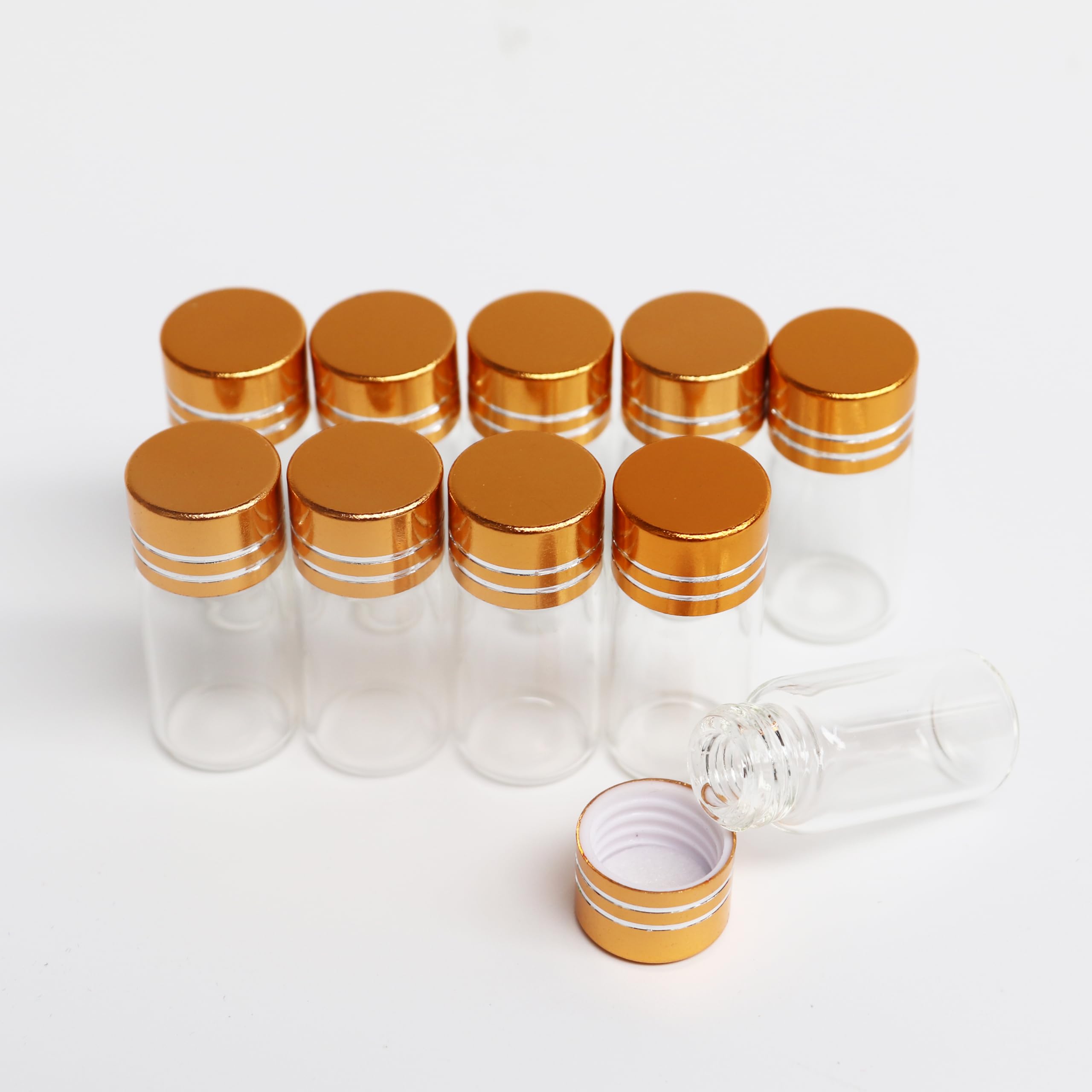 Luo House 10pcs 16x35mm Tiny Mini Small Clear Bottles Glass Vials 3ml with Caps Gold