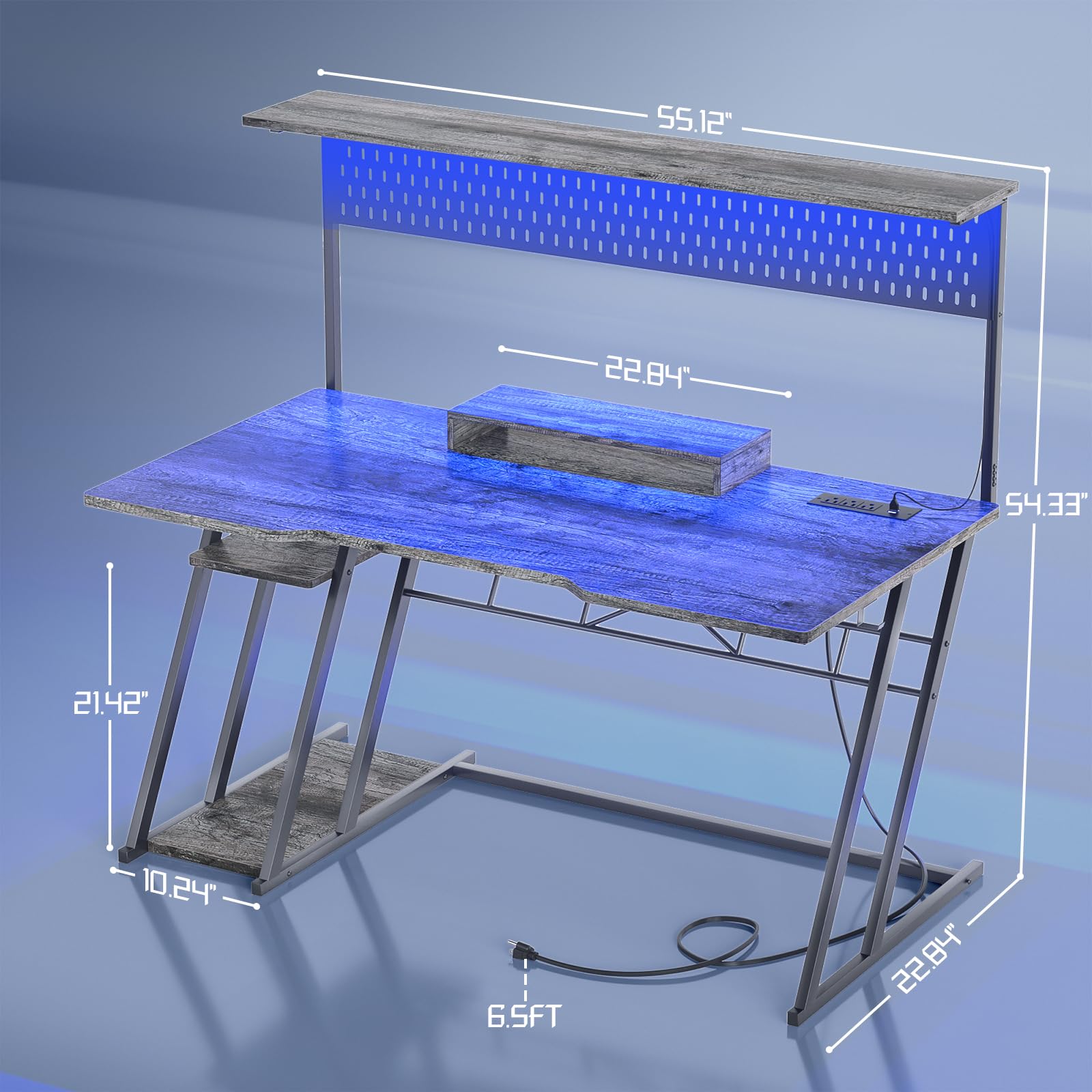 armocity 55'' Gaming Desk with Hutch and LED Lights, Gaming Computer Desk with Storage Shelves & Z-Shaped Legs, Reversible PC Gaming Desk with Pegboard, Ergonomic Desk for Bedroom, Grey Oak