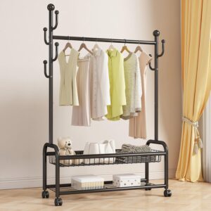 gamnof black clothes rack with wheels, black clothing rack for hanging clothes, black garment rack with storage shelf, freestanding rolling clothes rack